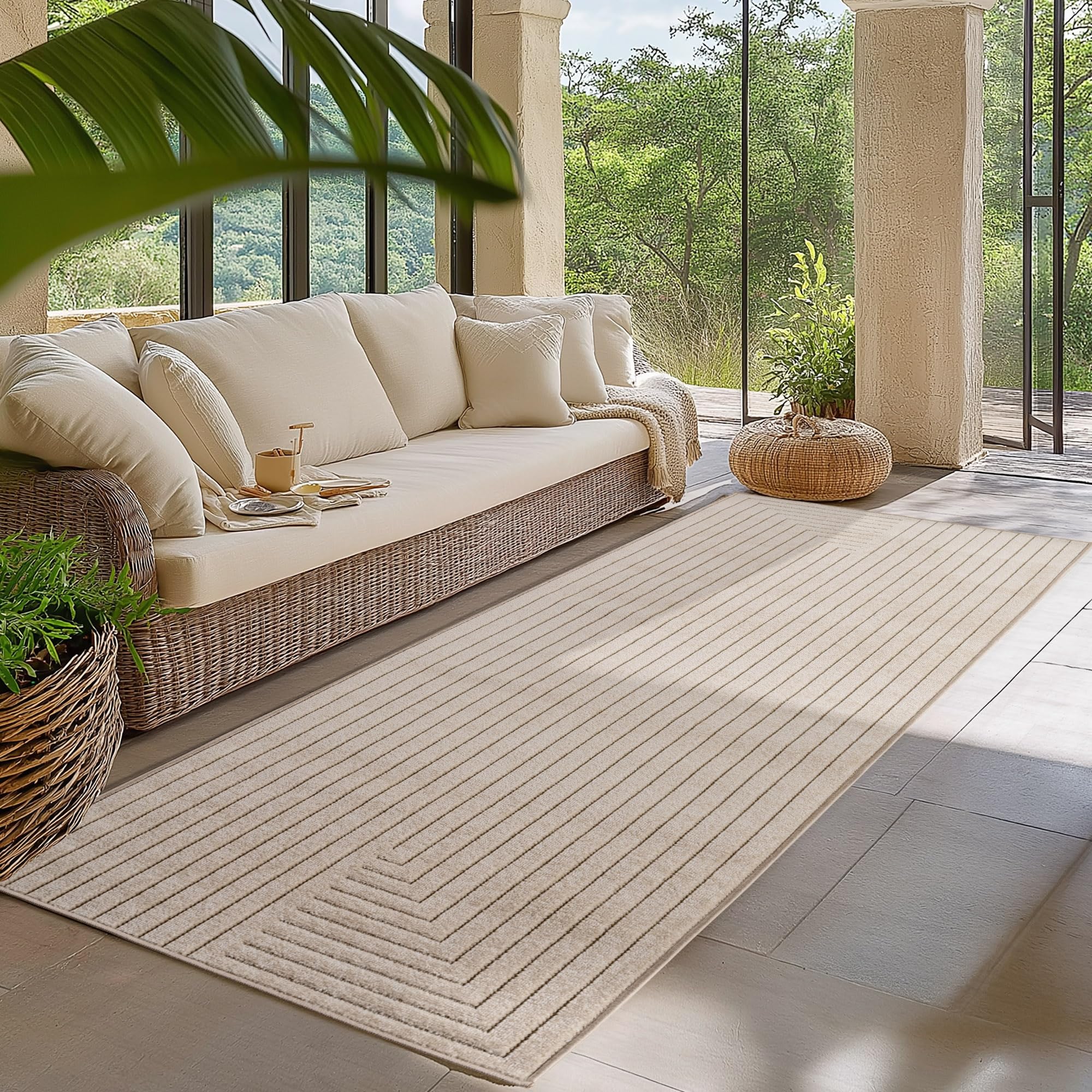 HomebyHome Kurzflor Teppich Wohnzimmer Schlafzimmer 3D Hoch-Tief-Effekt, Skandinavisch Boho Motiv, für Outdoor Bereich geeignet Terrassen oder im Balkon