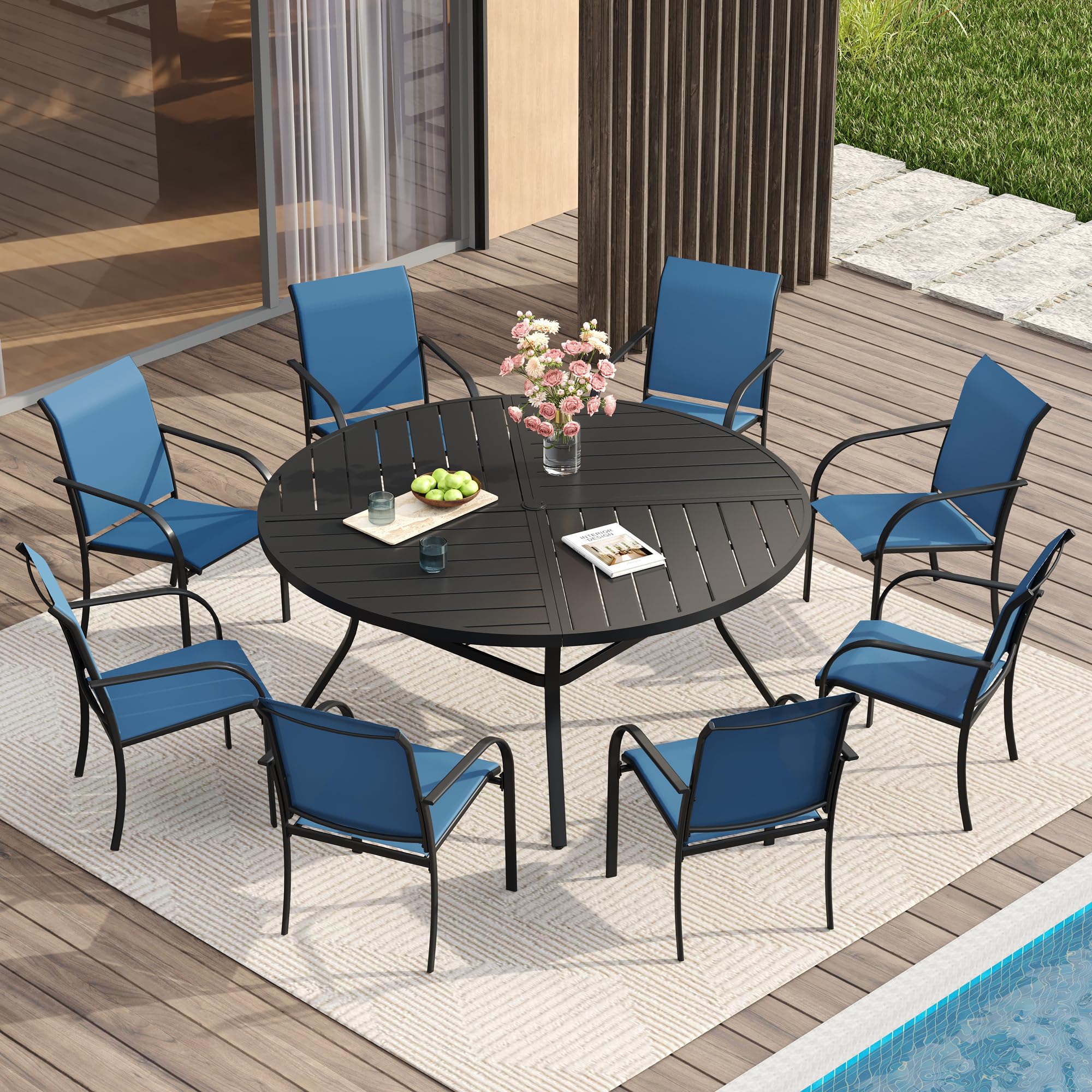 VICLLAX Patio Table and Chair Set of 8, All Weather Metal Round Outdoor Dining Furniture Set-53 Round Outdoor Table and Chairs, Black Tabletop