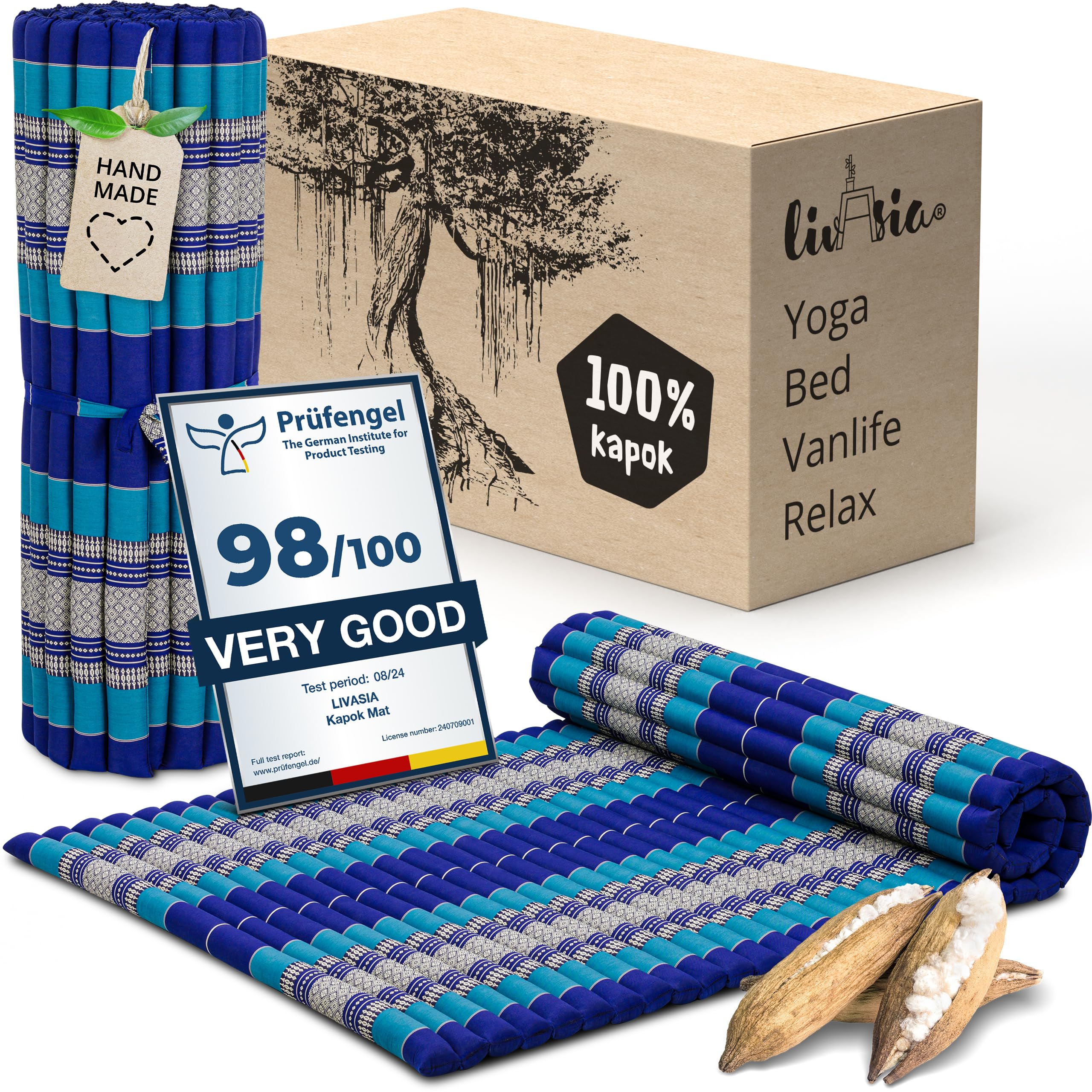 livasia roll-up mat roll-up mattress L wide comfortable - 79x43x1.8β³ - Guest bed/mattress for 1 person, Travel bed for the boot outdoors, Thai mat kapok garden balcony hand made (Blue)