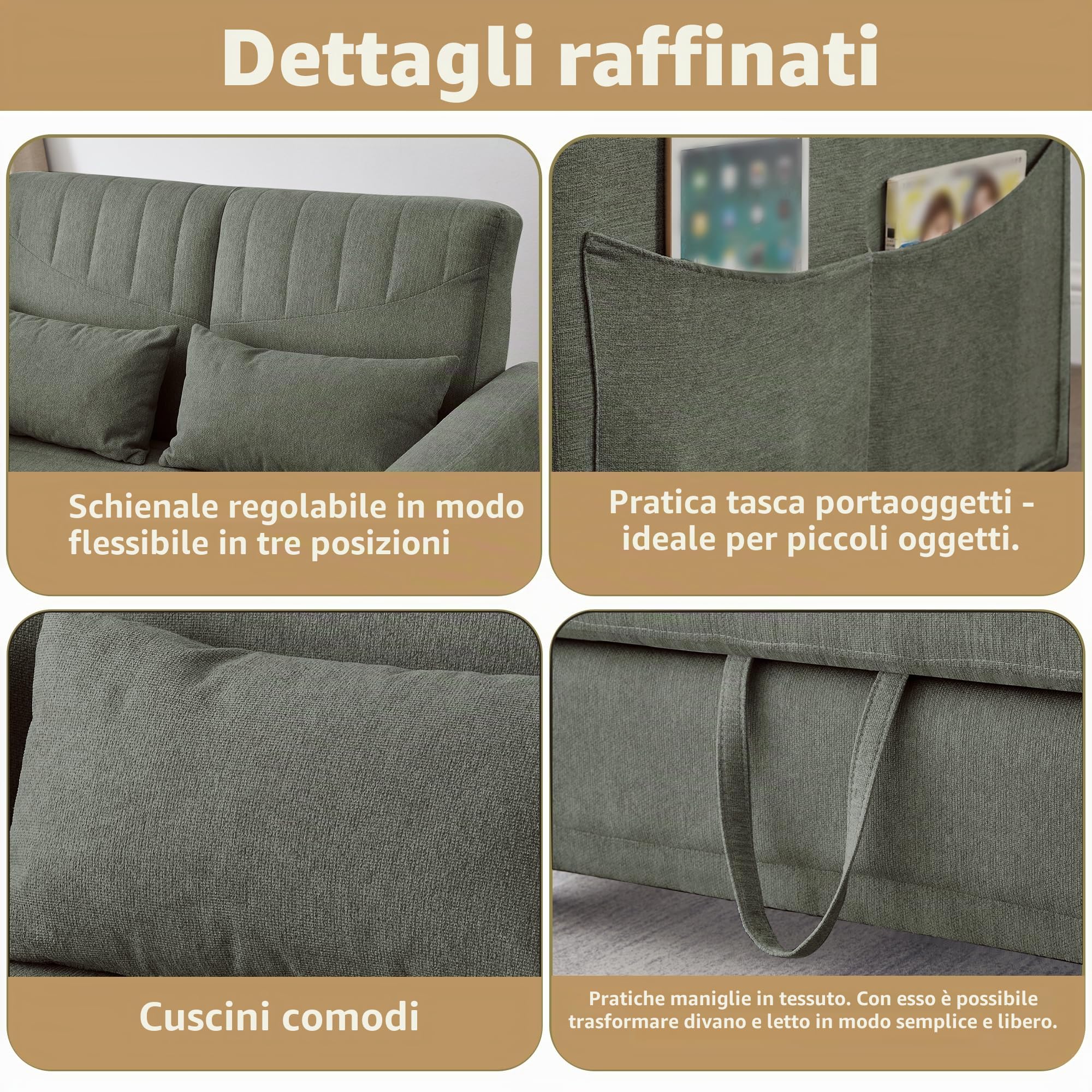 Divano letto a 2 posti con funzione di sonno, piccolo divano letto, 166 x 114 cm, divano pieghevole 3 in 1, allungabile con schienale regolabile, tasche laterali, tessuto di cotone e lino (verde