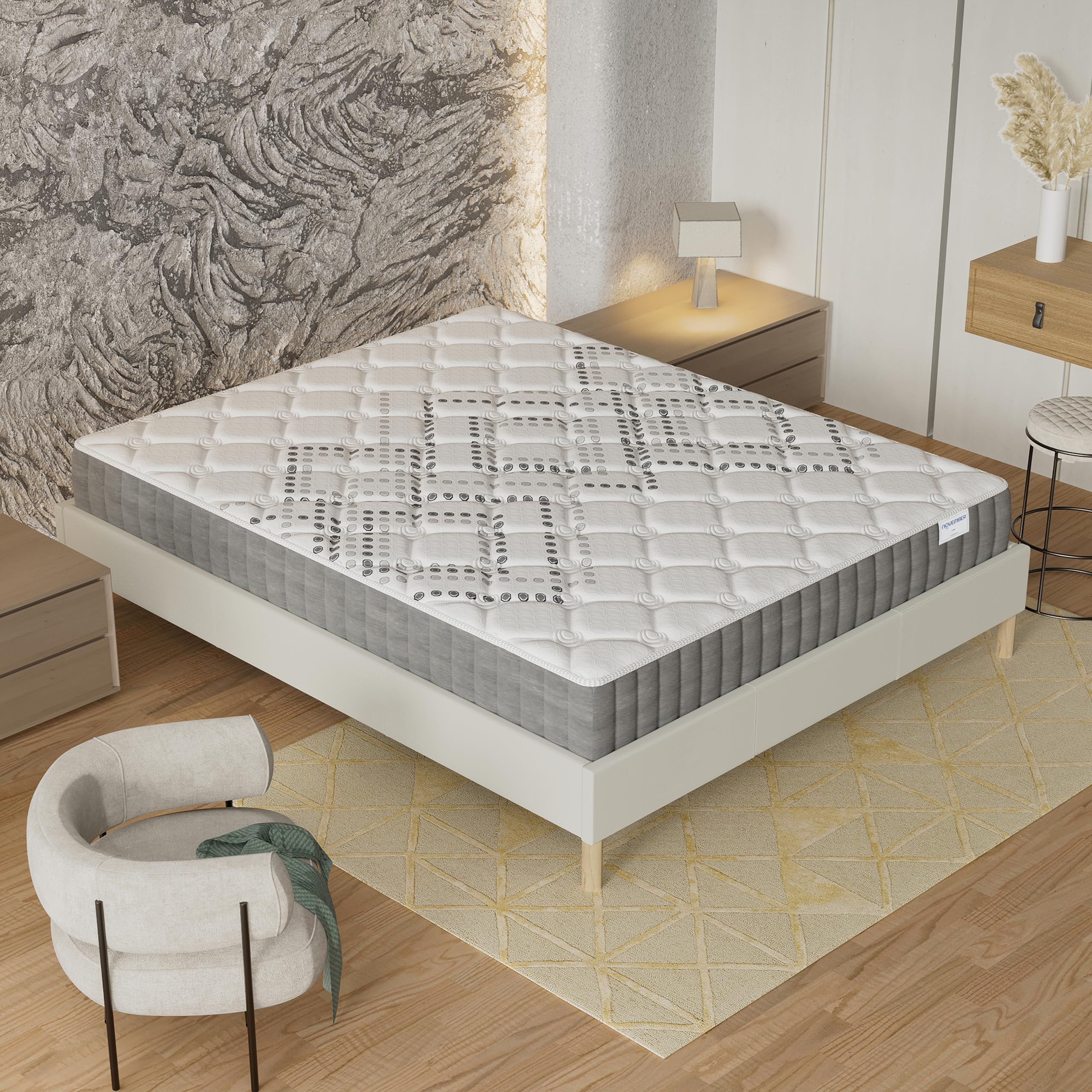 NOVEMBER- Ensemble Matelas + sommier (120 x 190cm)- Matelas Eliha Ressorts ensachés & Mousse Haute Densité d’épaisseur 20cm + Sommier Bois Stable & Robuste revêtement Tissu Blanc