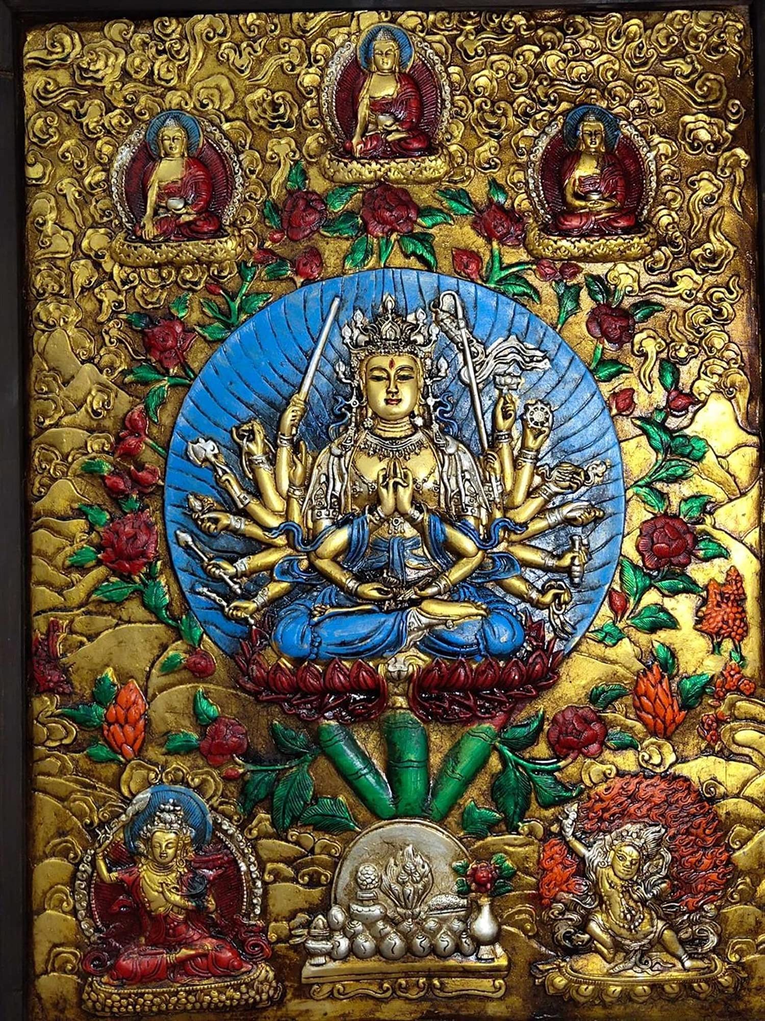 28" Tibet Buddhism Old Bronze Wooden Frame Painted Thangka Zhunti Bodhisattva Thousand Hands Guanyin Worship Amulets ThangkasStatue SurongL
