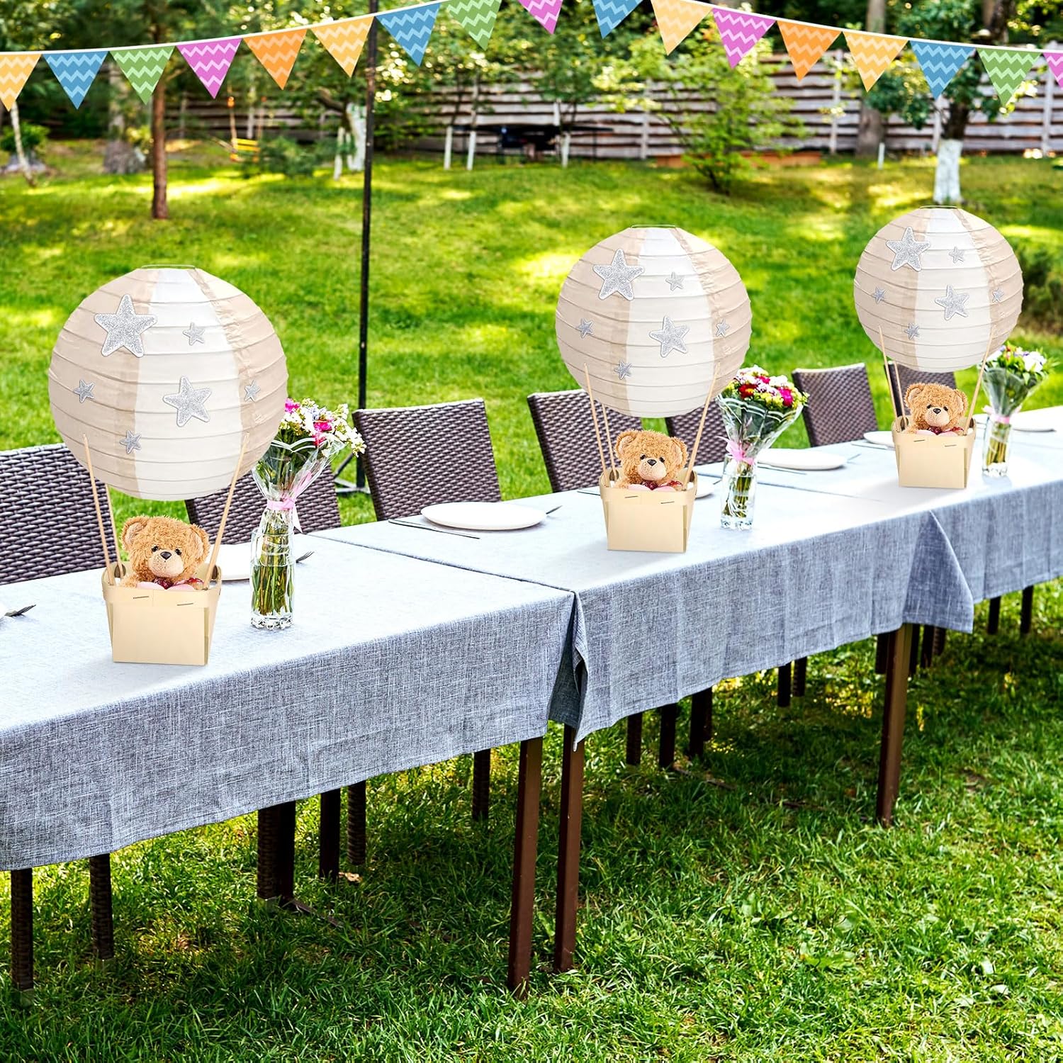 Retisee 12 Sets Baby Shower Hot Air Balloon Table Centerpieces Nude Striped Paper Lanterns Woven Baskets with Sticks for DIY Gender Reveal Birthday Baby Shower Wedding Decor, 7.87 Inch
