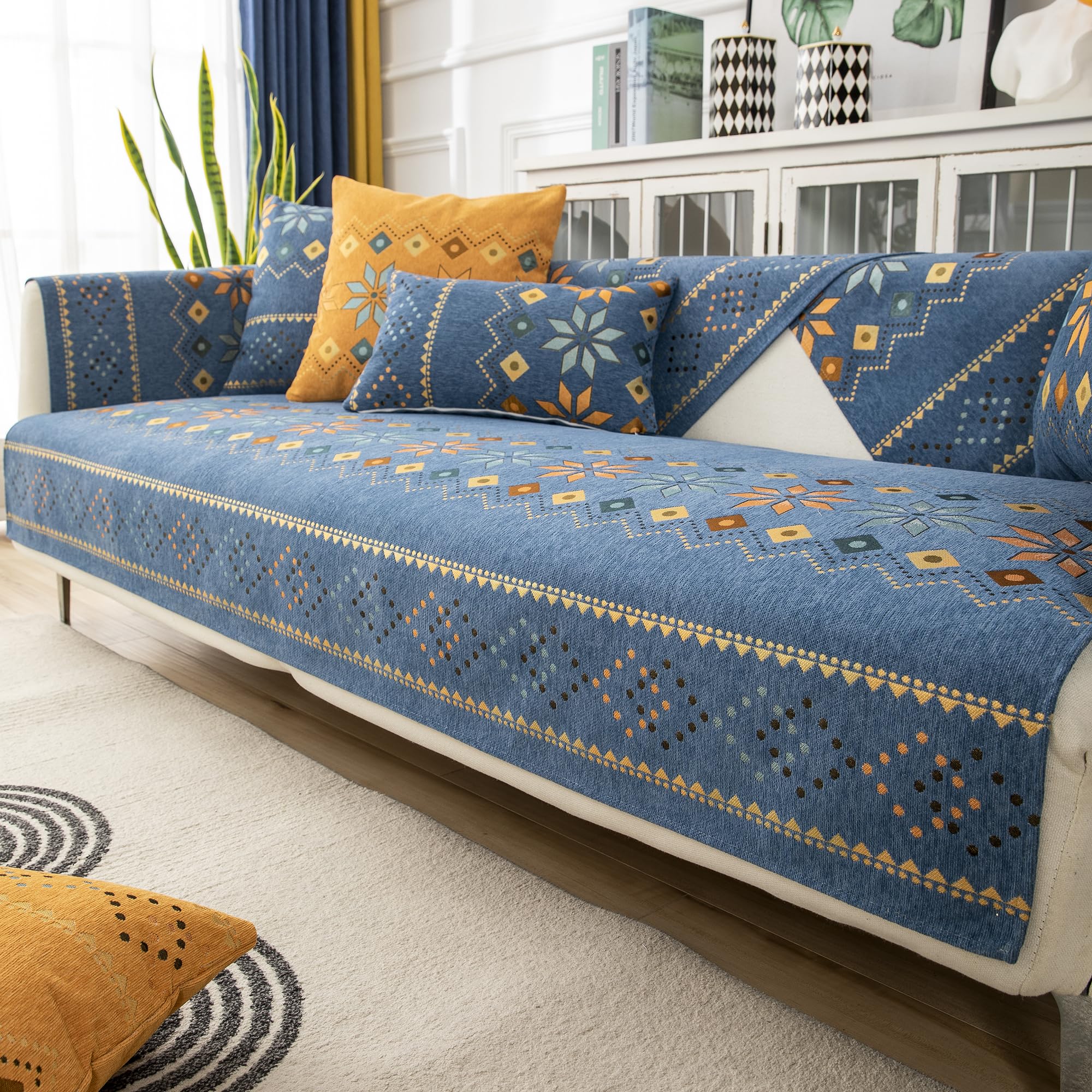 Rosygulls Boho Chenille Couch Covers,Geometric Couch Covers for Sofa,Chenille Couch Cover Non Slip,Sectional l Shaped Sofa Furniture Protector Cover for Home Decor,Blue_Backrest 28x35in/70x90cm
