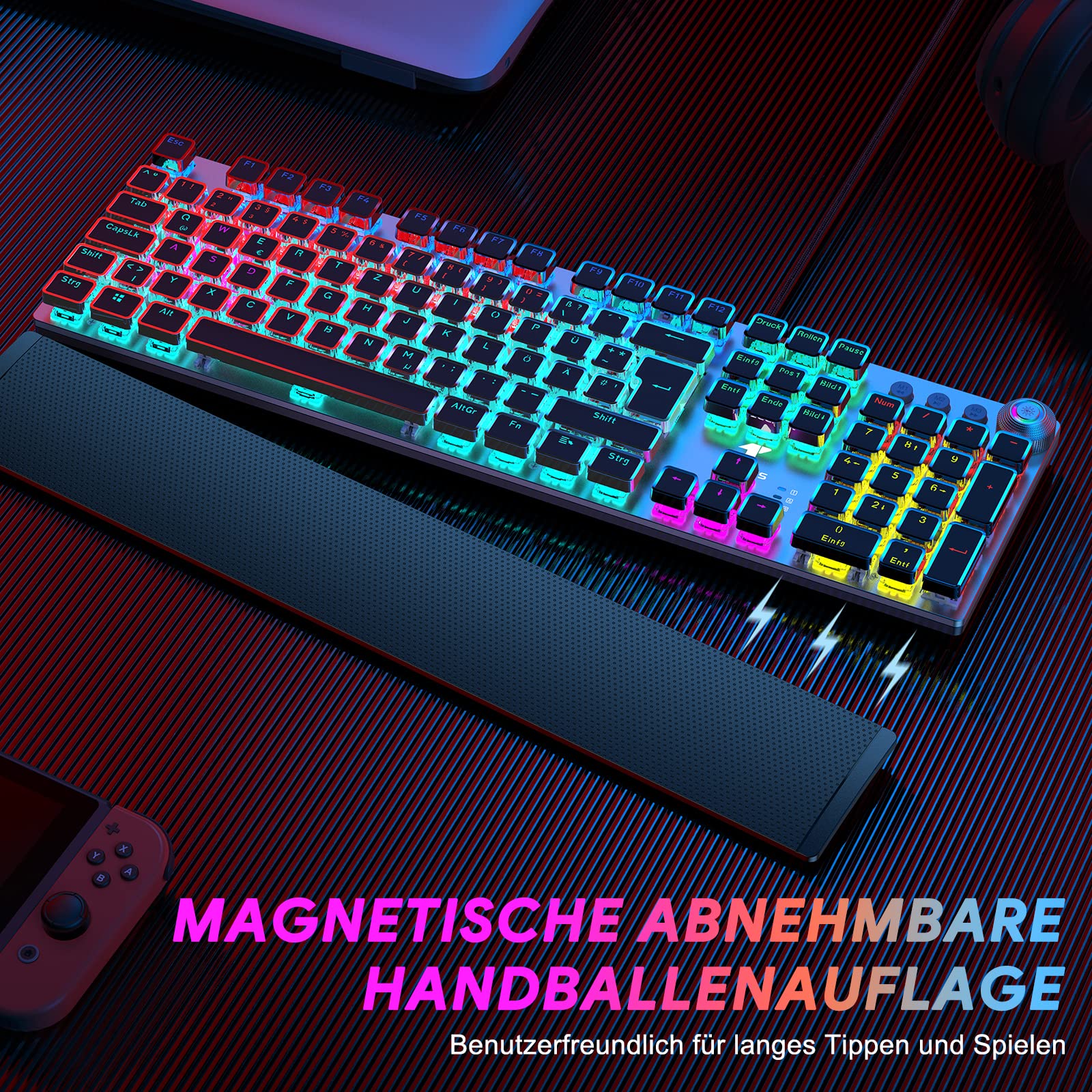 TECURS Mechanische Gaming Tastatur mit Magnetischer Handgelenkauflage & Red Switches, Beleuchtete QWERTZ Kabelgebundene Tastatur, 105 Tasten mit Anti-Ghosting & Multimedia-Drehregler für PC/PS5/PS4