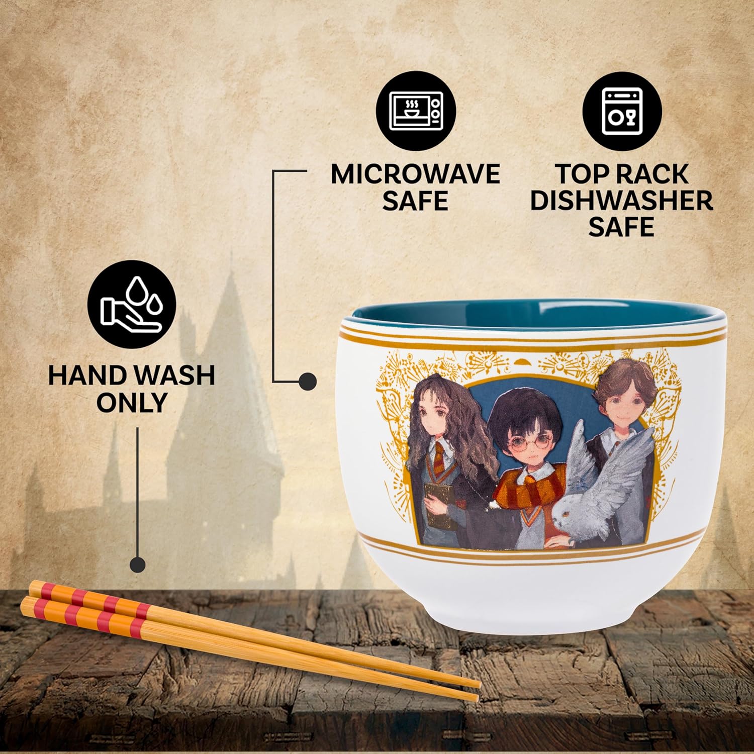 Silver Buffalo Harry Potter Trio Anime Style Ceramic Ramen Noodle Rice Bowl with Chopsticks, Microwave Safe, 20 Ounces - Image 4