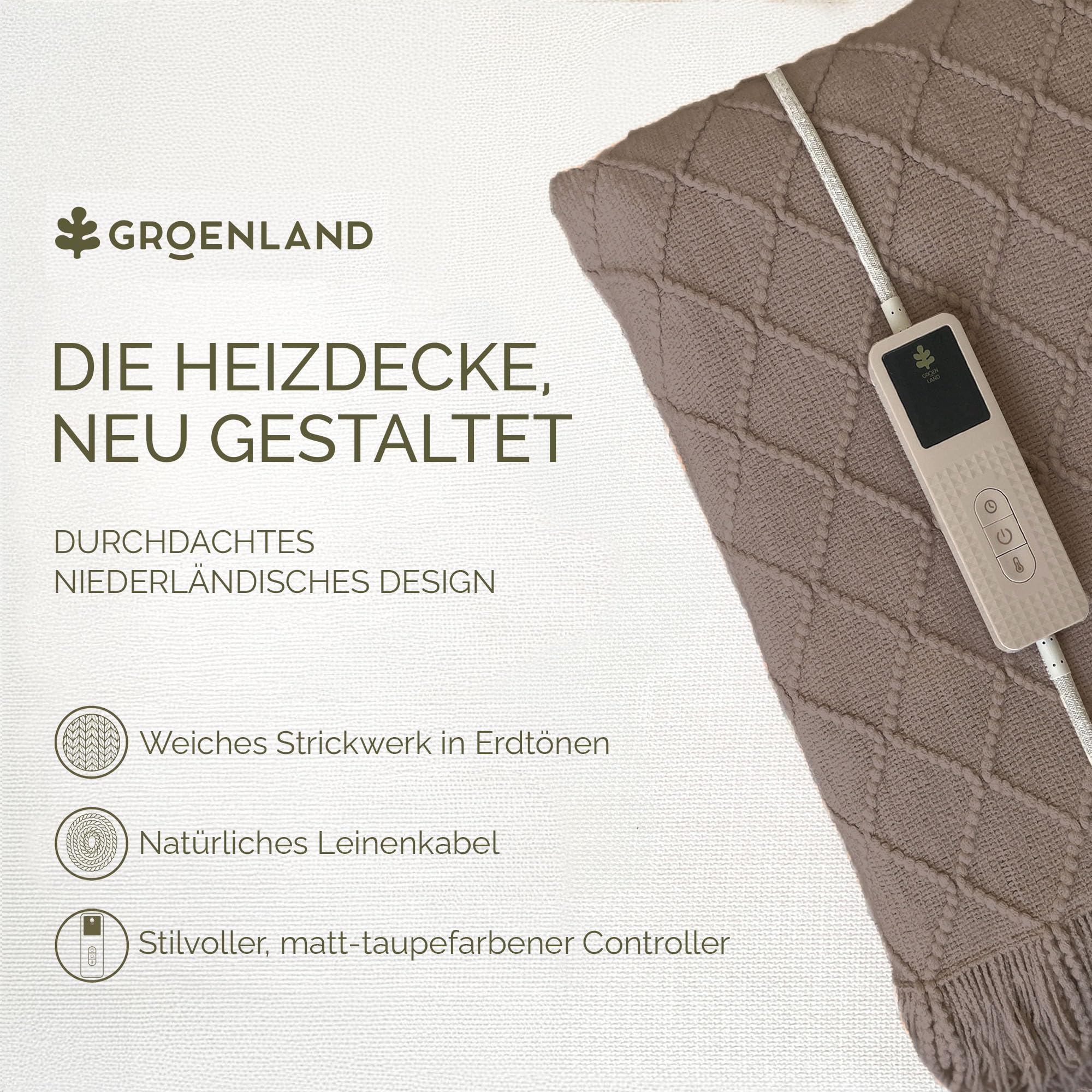 Groenland BOHEM Sofa Heizdecke 180 x 130 cm – Wärmedecke mit 9 Heizstufen & Auto-off-Timer bis 9 h – Elektrische Heizdecke mit Abschaltautomatik – Beheizte Decke für Bett, maschinenwaschbar Umber wood
