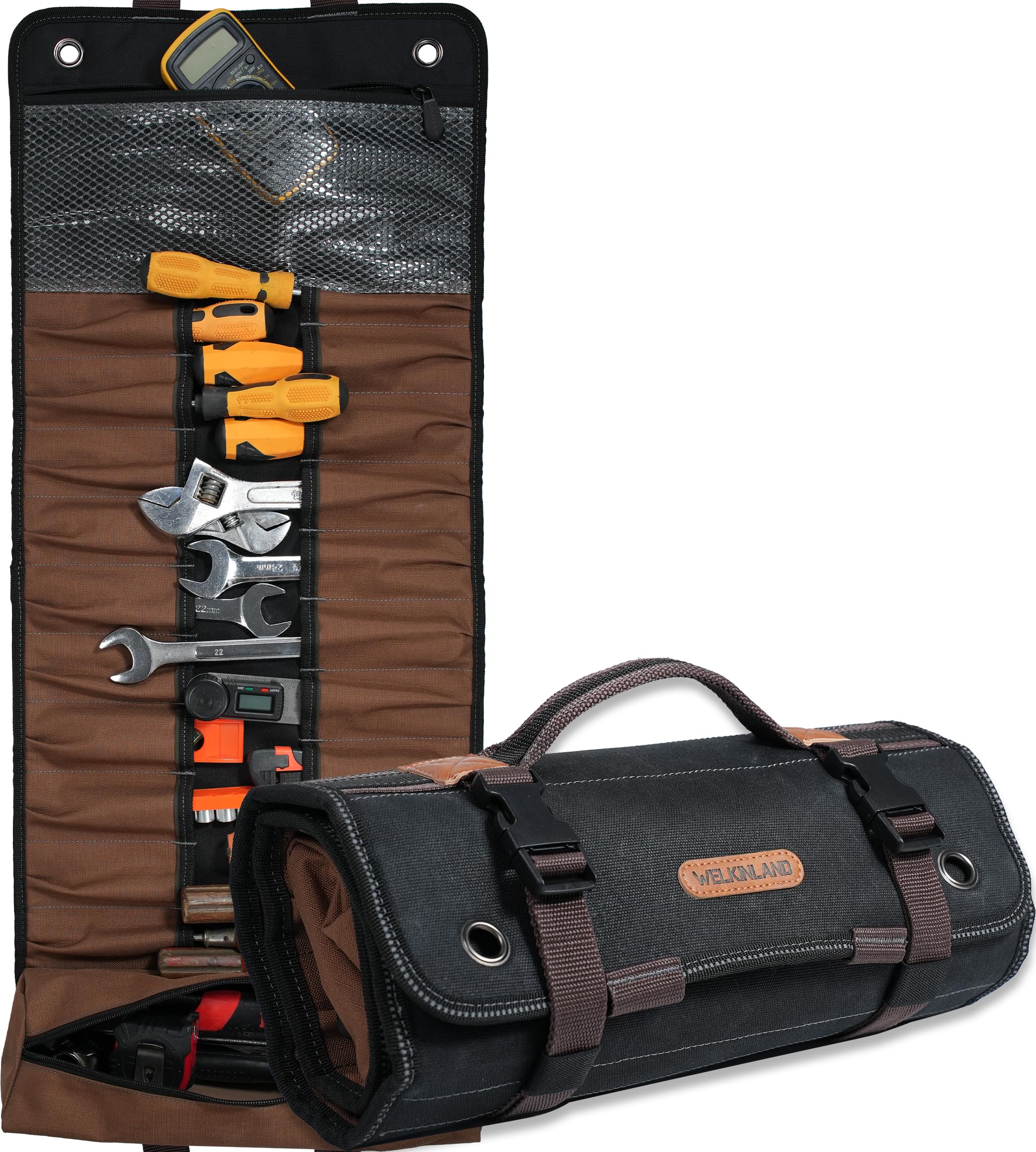 WELKINLAND 23-Pocket Canvas Tool Roll Heavy-Duty Tool Wrap Roll Waterproof Canvas Roll Up Tool Bag 14 Tool Roll
