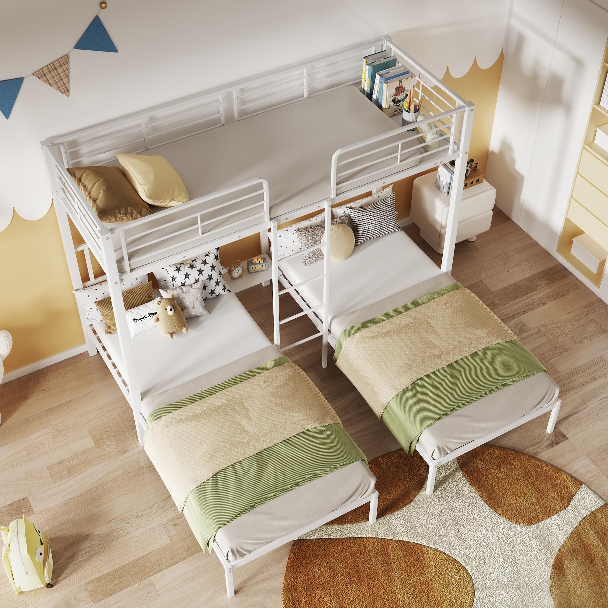 Soweiz Letto tripla a castello con scala per bambini e ragazzi, letto in ferro con griglia e tavolo (90 x 200 cmx3) (bianco)
