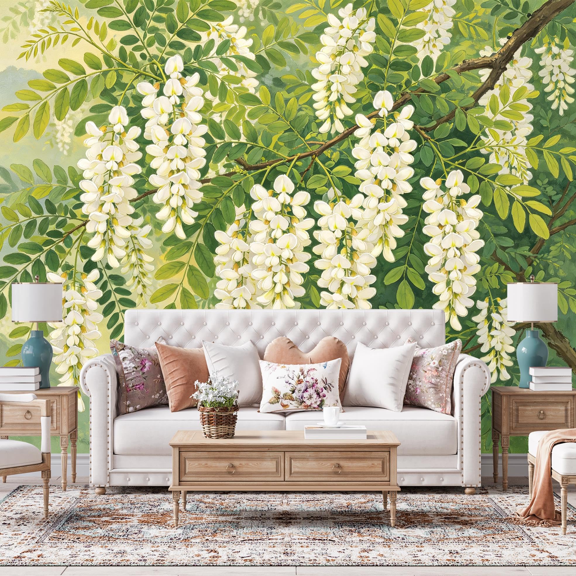 Papier Peint Mural Aquarelle De Fleurs Blanches, Vinyle Autocollant 280 X 180 cm (L X H), Amovible, Imperméable, Grand Format, Motif Botanique, Idéal pour La Décoration De Chambre ou De Salon.