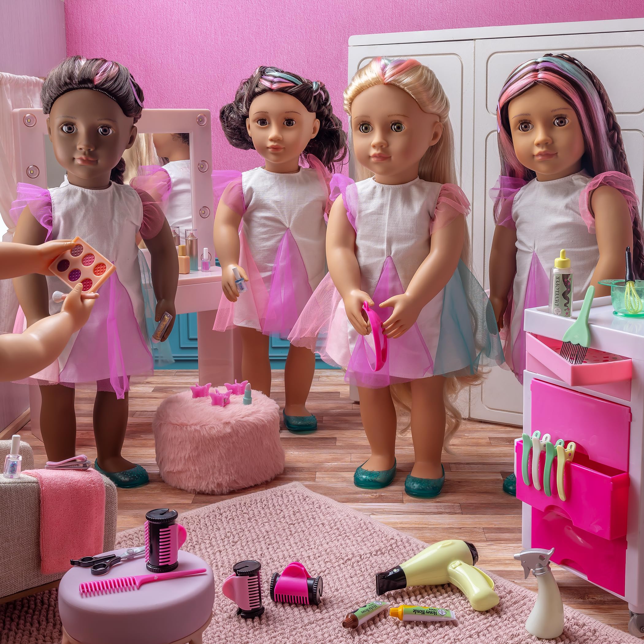 Our Generation Glam & Glow Vanità Playset - Tavolo Rosa con Specchio Luminoso - Giocattolo Trucco Bambini 3+