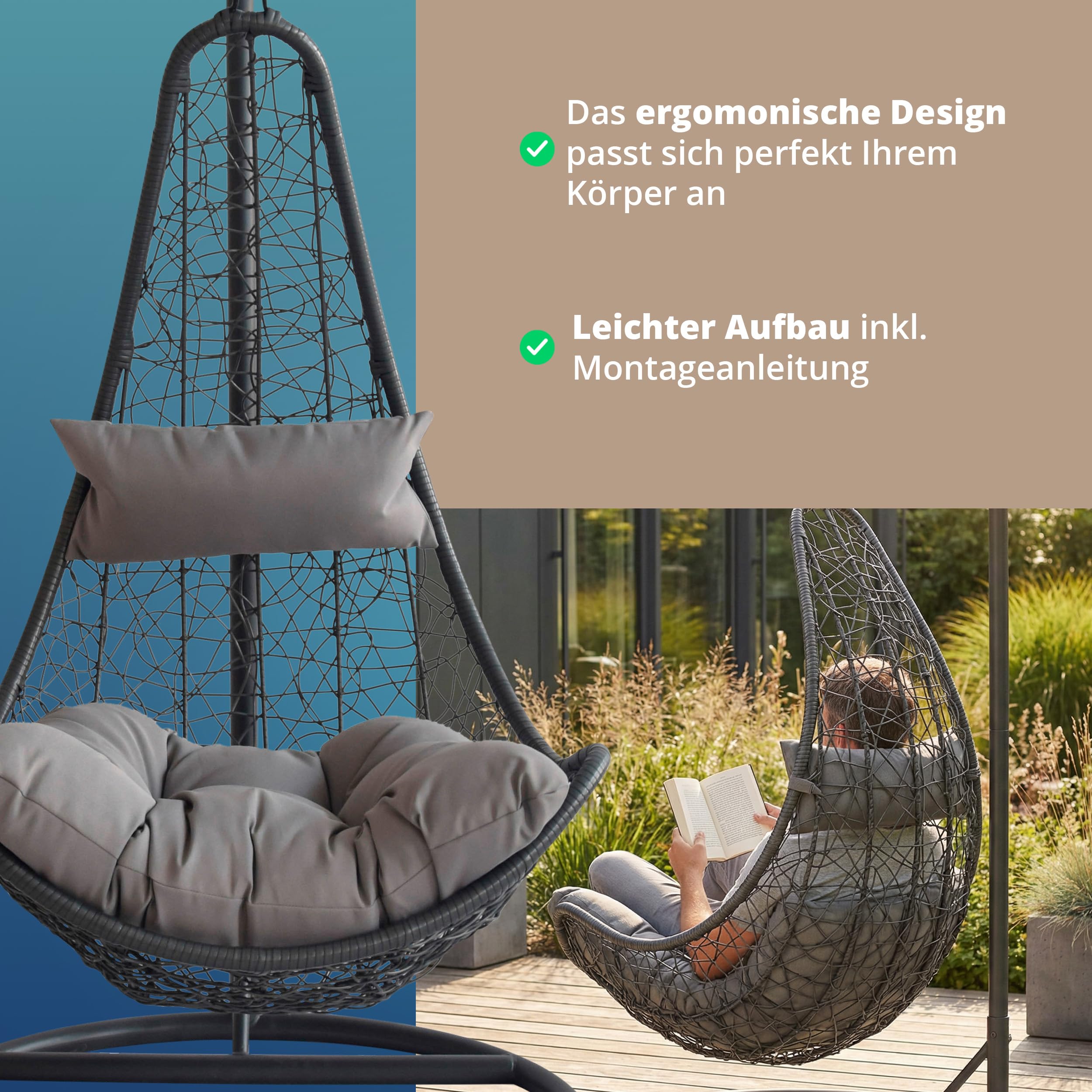 KHG Poltrona sospesa antracite, comodo cesto in vimini con cuscino grigio chiaro, per giardino e terrazza, resistente ai raggi UV, portata 120 kg, 83 x 83 x 201 cm