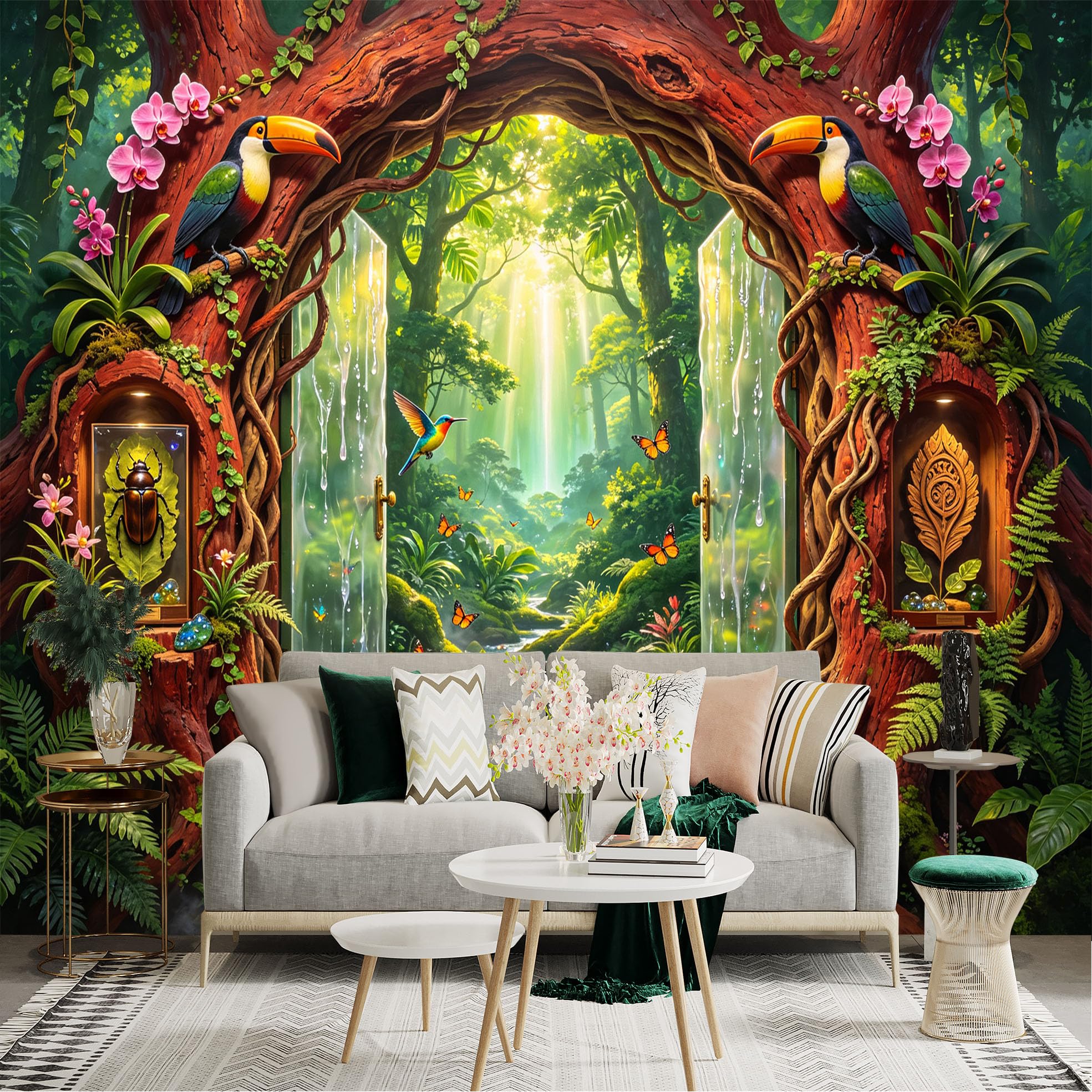Lnzczhyre Bh260719325 Custom Size Wall Sticker Mural， Magical Tropical Forest Portal， Exotic Toucans And Hummingbirds， Lush Rainforest Stream， For Wall Decoration， Peelandstick Wall Decals.