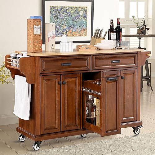 Rolling Kitchen Island Table on Wheels with Wood Top, Kitchen Island Cart with 4-Doors Storage Cabinet, 3-Drawers, Side Rack for Kitchen, Mahogany