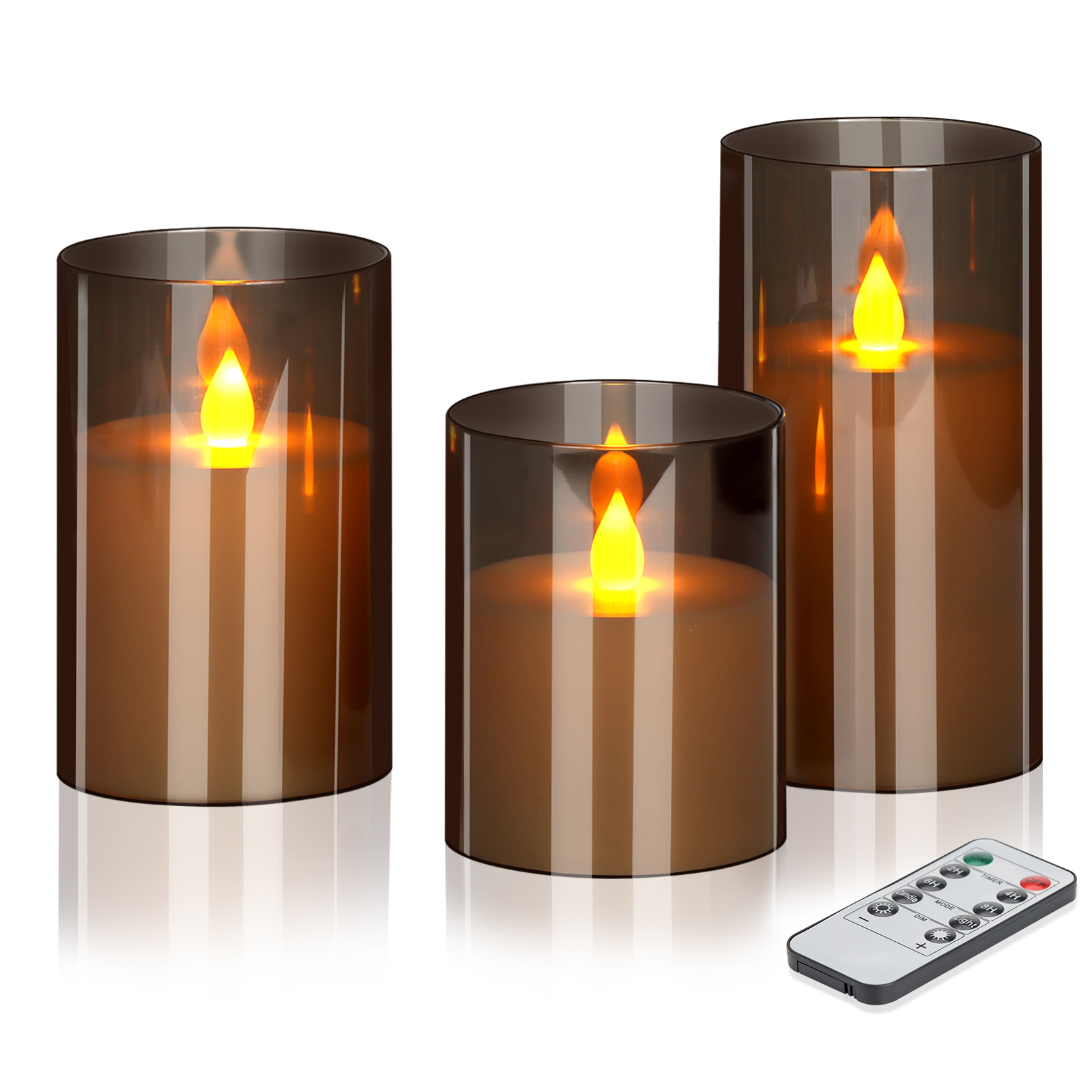 Flameless Candles 4" 5" 6" Set of 3 Acrylic Glass Pillars 3" Diameter Battery Operated Flickering Candles Include 10-Key Remote with Timer Function 400+ Hours (Gray, Warm Light 3 Pack) - Image 8