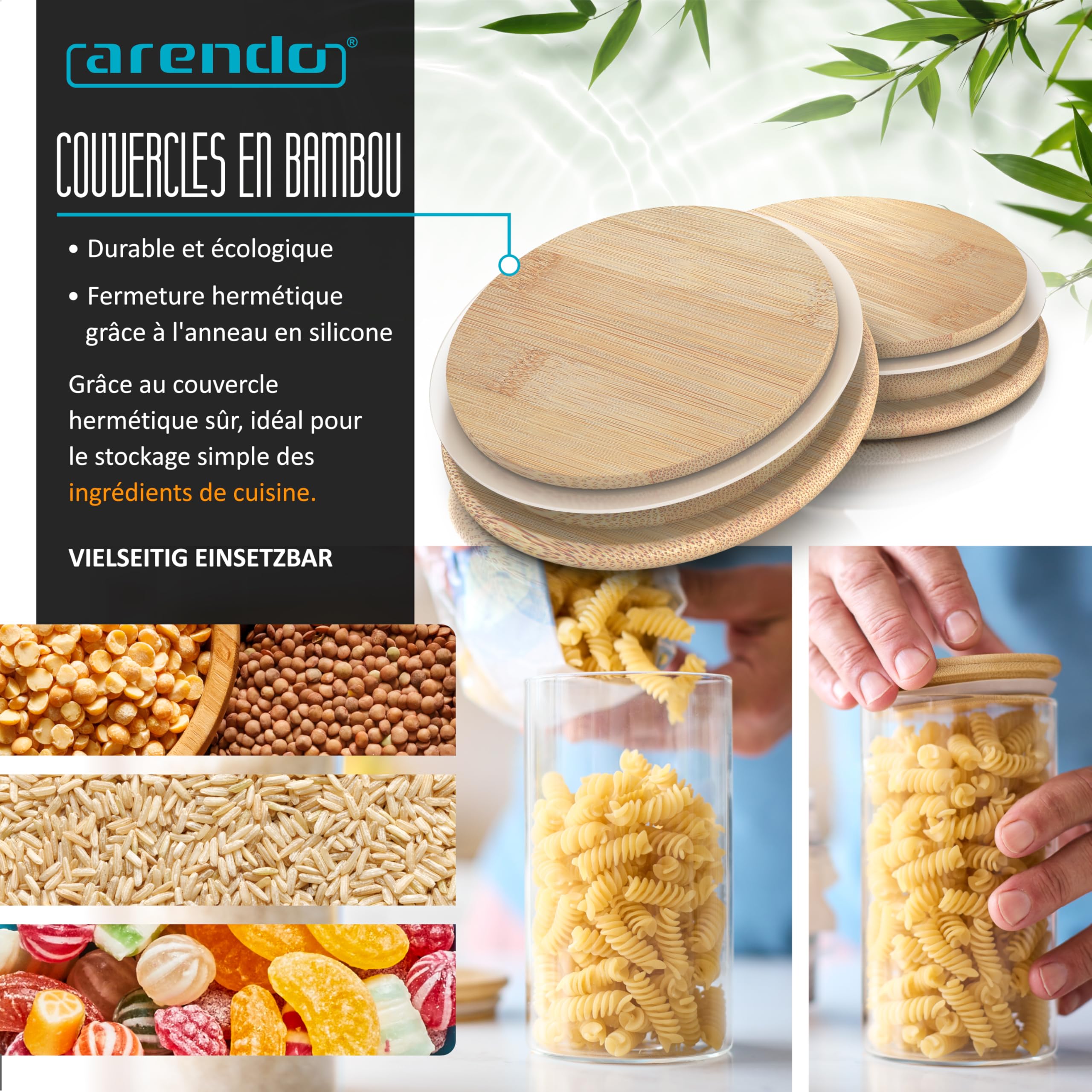 arendo - Set de 3 Récipients en Verre Hermétique Rond, Tailles de 10 x 28 cm / 2,1 litres, Verre borosilicate Boîte Conservation Alimentaire, Couvercle en Bambou, Joint en silicone