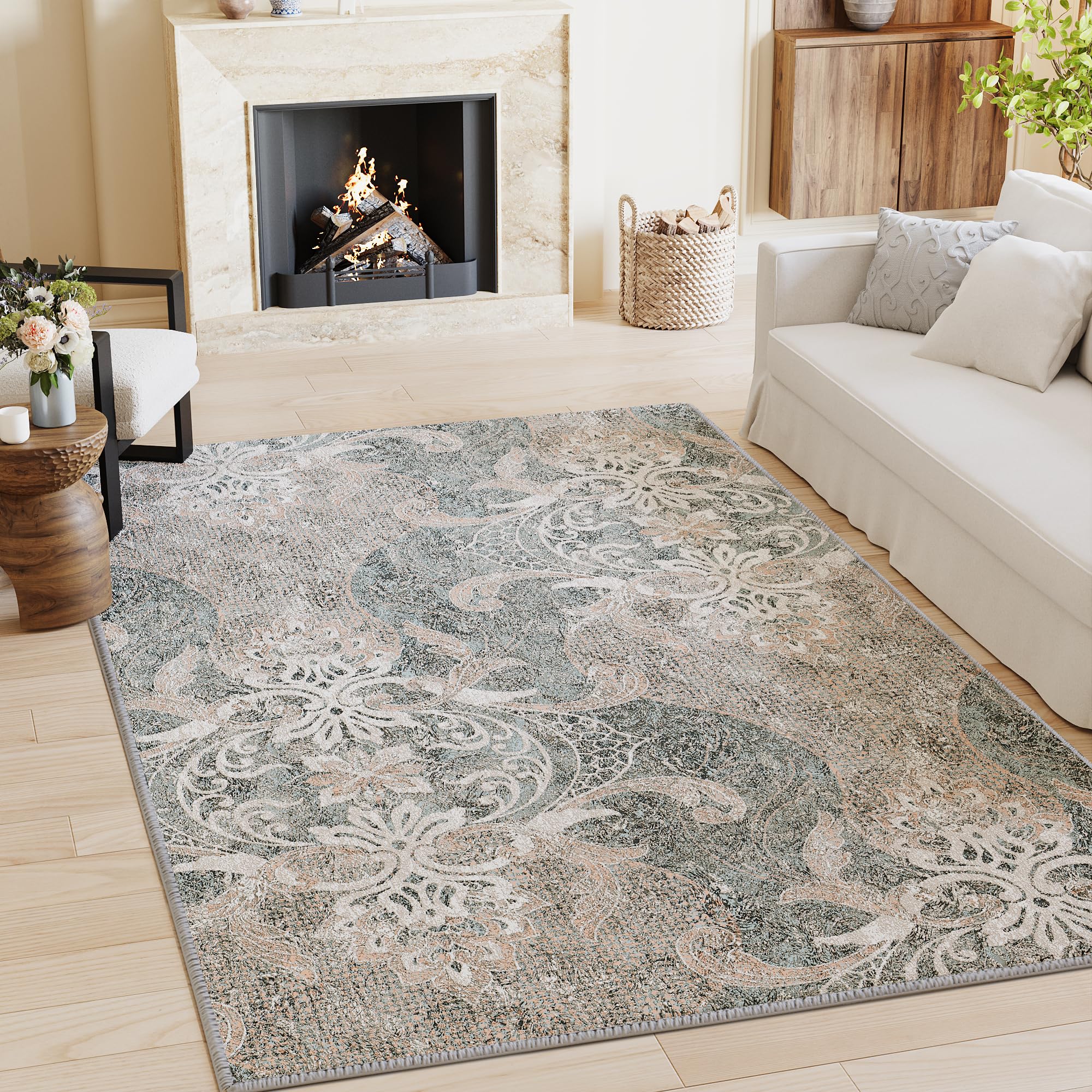 H.VERSAILTEX 3x5 Area Rugs for Bedroom, Machine Washable Rug for Hallway Kitchen, Low Pile Rug for Living Room Dining Room, Non Slip Front Door Mat, Damask - 3x5 Feet