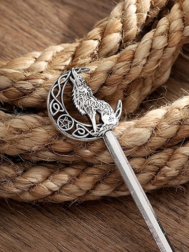 Miniatura 5 de HAQUIL Wolf Crescent Moon - Palo de pelo para mujeres y hombres, horquilla gótica punk con diseño vikingo para hombres y mujeres, joyería de regalo