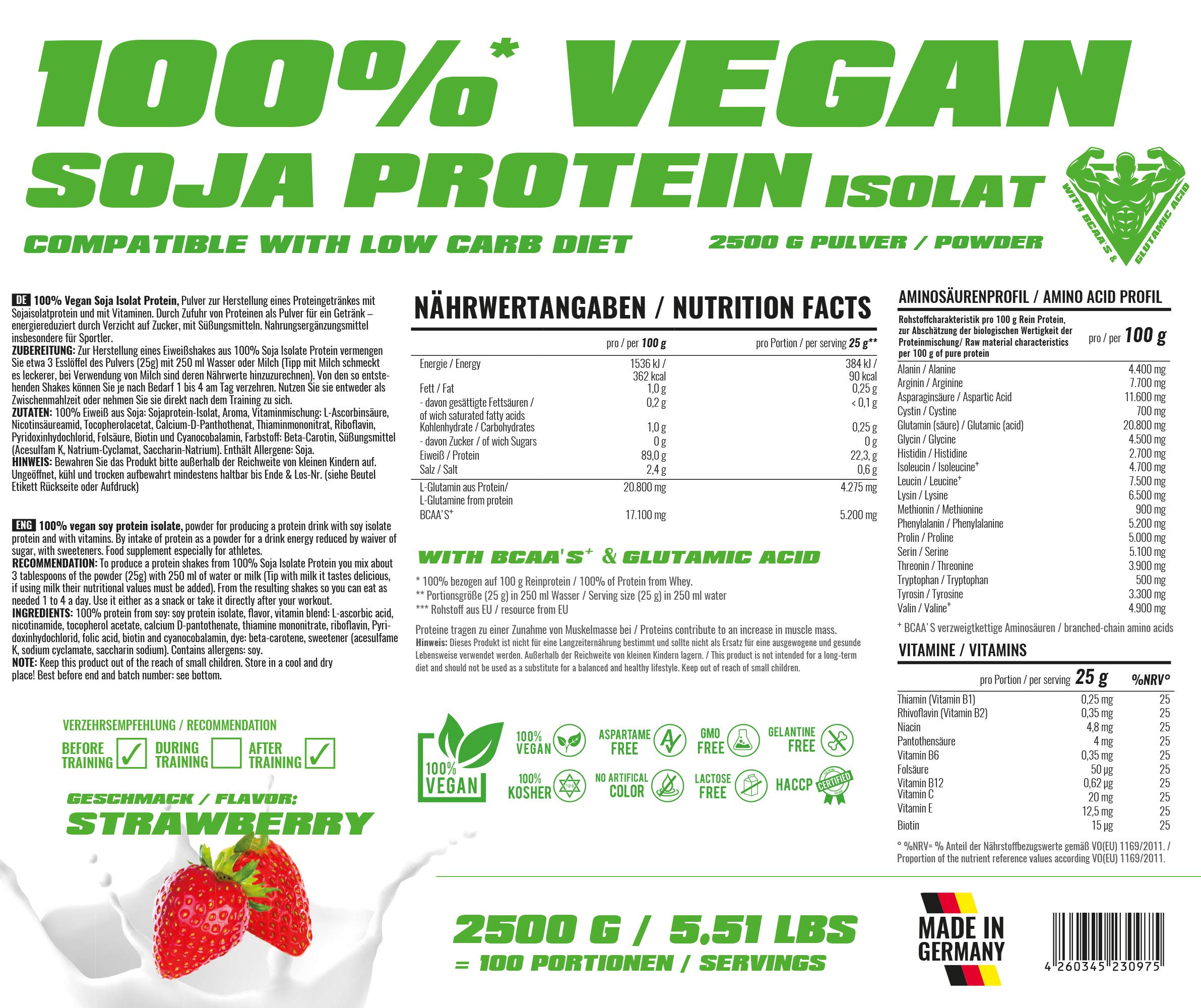 BWG Soja Isolat Protein Shake, 100% (Vegan und Laktosefrei) rein pflanzliches Eiweiss Pulver, Premium Sojaeiweiß, ohne Gentechnik, Strawberry, 1 x 2500 g