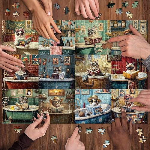 Miniatura 5 de Rompecabezas vintage de 1000 piezas para adultos, divertido rompecabezas de animales de gatito que recoge 12 lecturas de gatos en baños retro,