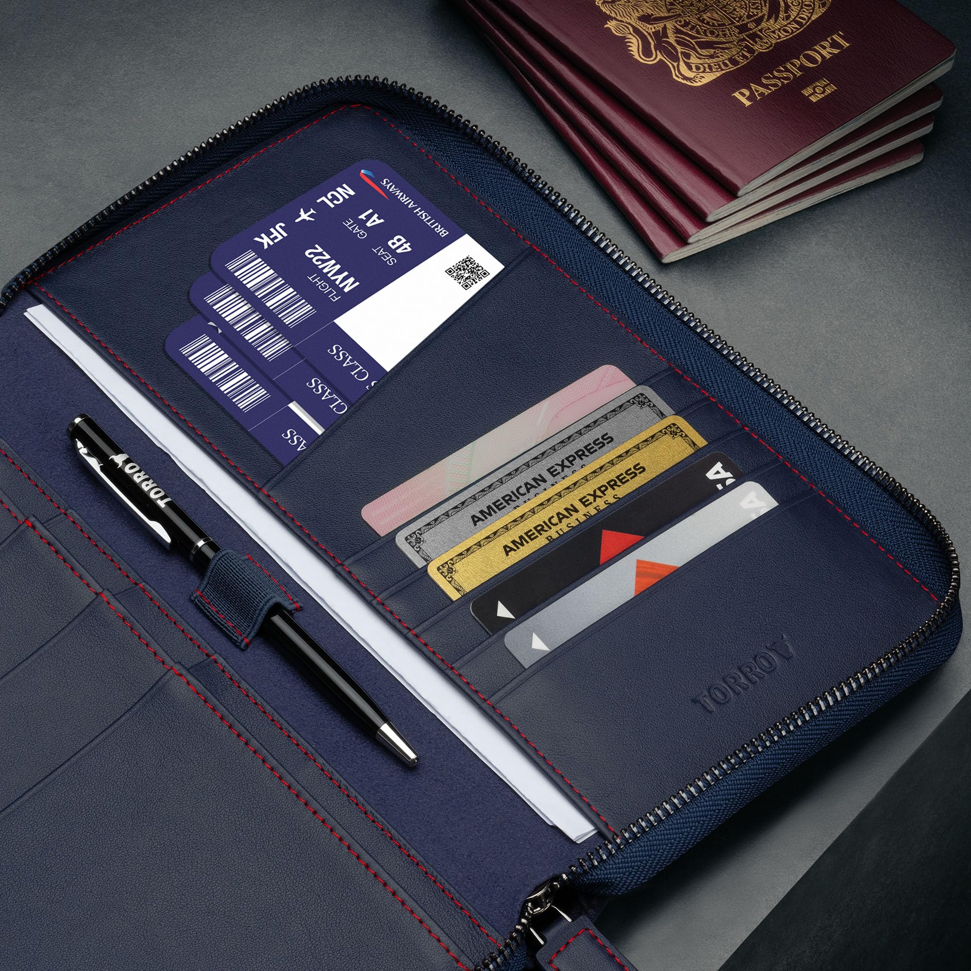 TORRO Cartera de Viaje Familia – Organizador de Viaje de Cuero de Primera Calidad/Cartera de Viaje con Soporte para Pasaporte Familia para 4 Pasaportes (Azul Marino)