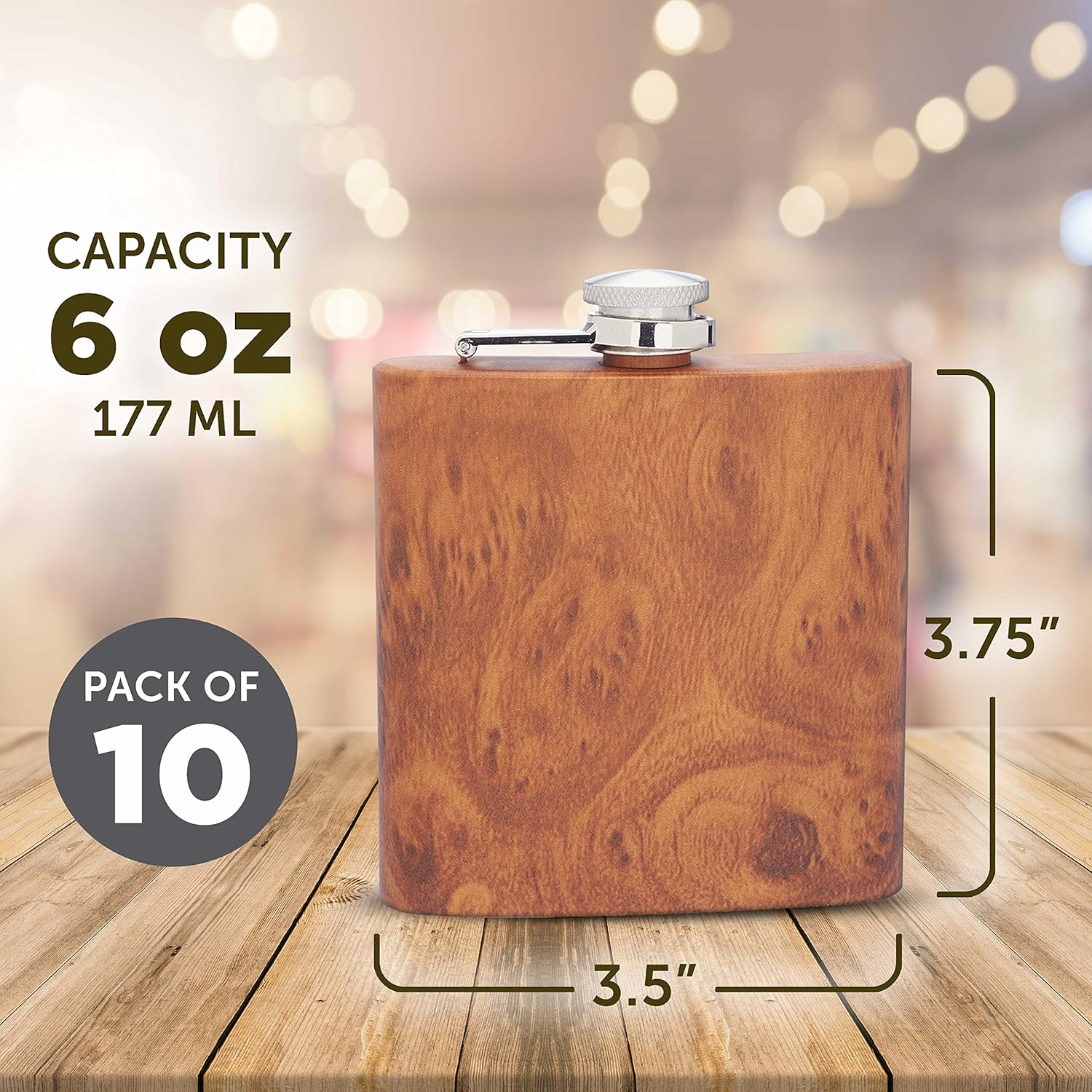  | Murano Stainless Steel Hip Flasks 6 oz. Set of 10, Bulk Pack - Screw on Cap, Great for Wedding Party Gifts, Groomsmen Gifts, Outdoor Activities - Wood: Flasks