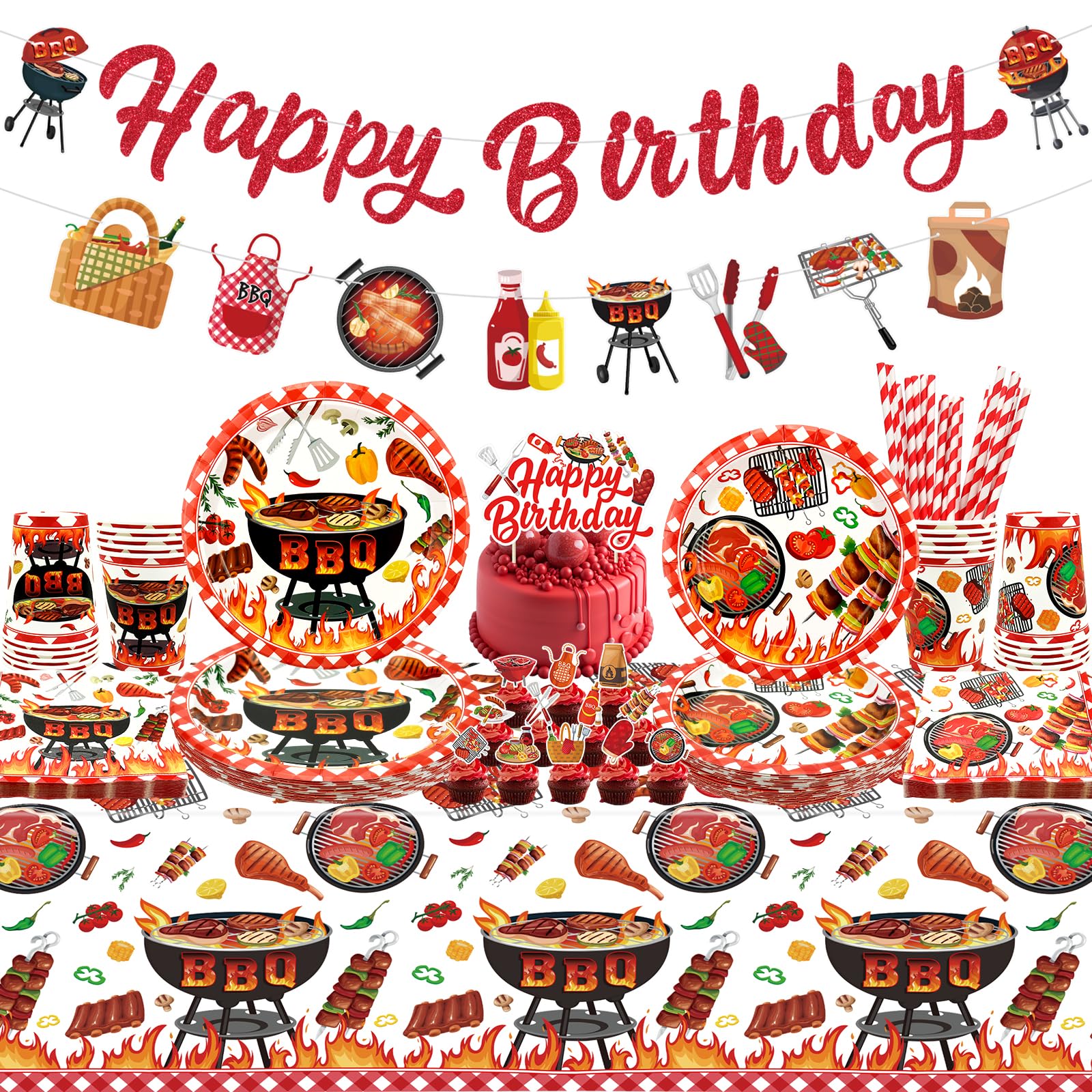 BBQ Birthday Party Supplies, Includes Banners, Plates, Cupcake Toppers, Napkins, Cups, Tablecloths, for Summer Picnic Holidays Birthday Party Decorations Serves 20 Guests