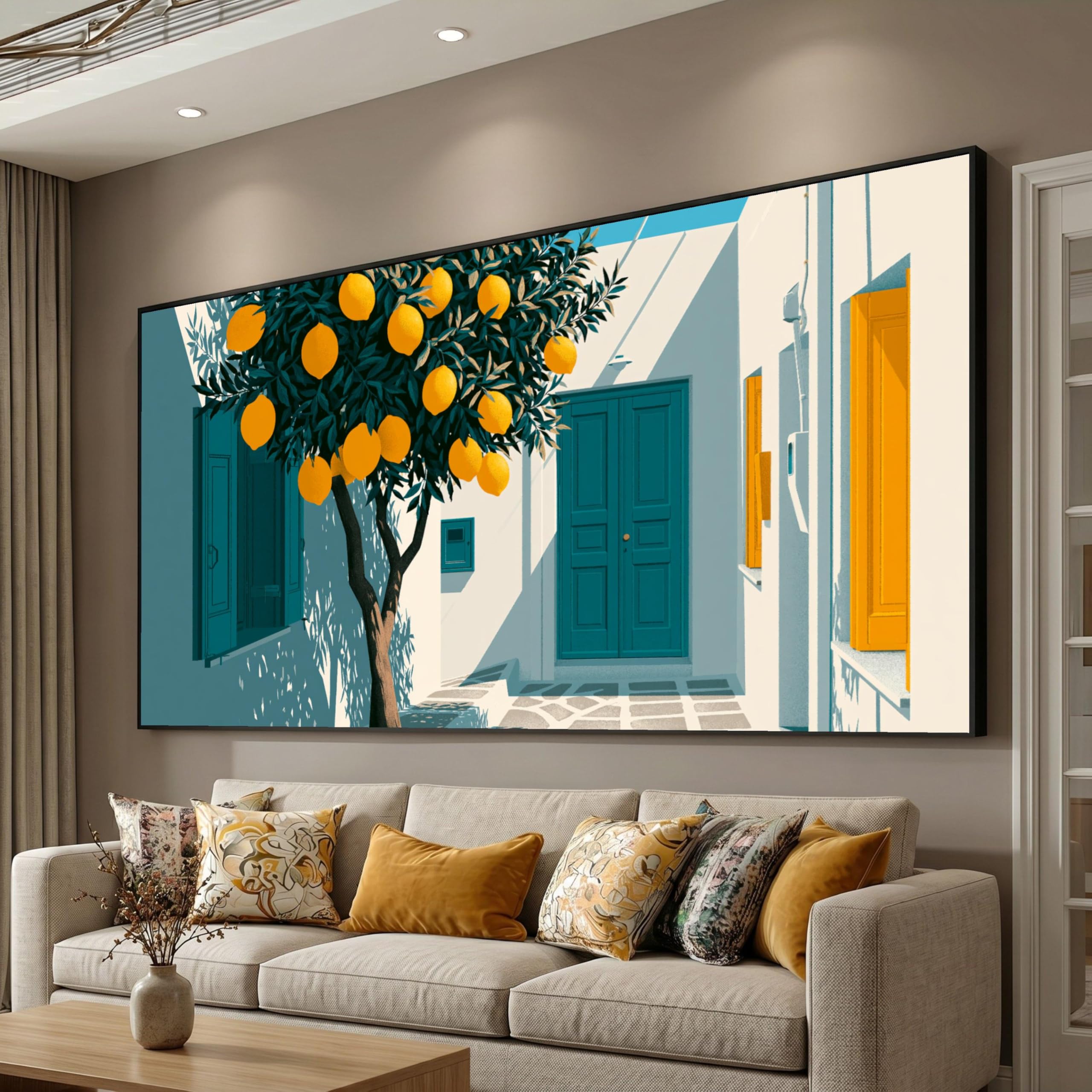 LMYCHENG Mediterranean Lemon Tree Oil Painting, Patio Design Canvas Wall Art, Blue Door Home Decor, Citrus Fruit Posters(30x50cm/Internal Frame)