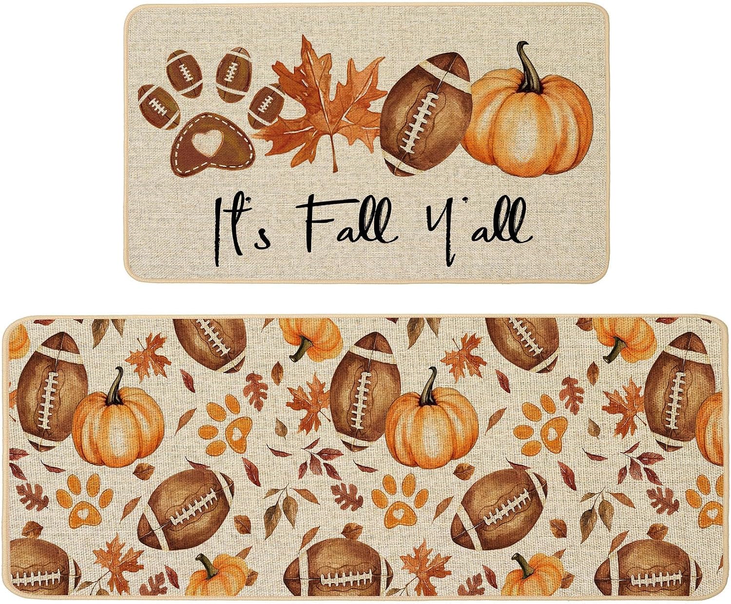 Baccessor Rugby Pumpkin Fall Kitchen Mats Set of 2, Maple Leaves Dog Paw Football Kitchen Rugs for Floor Low-Profile Farmhouse Fall Home Decor 17x29 and 17x47 Inch