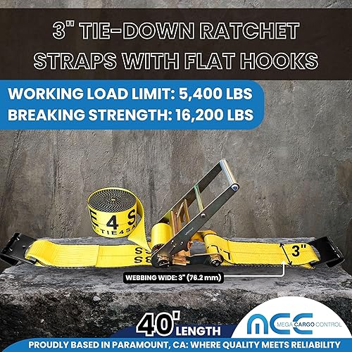 Miniatura 2 de Mega Cargo Control Correa de amarre de trinquete de 3 pulgadas x 40 pies con ganchos planos  Correas de transporte amarillas con resistencia a la