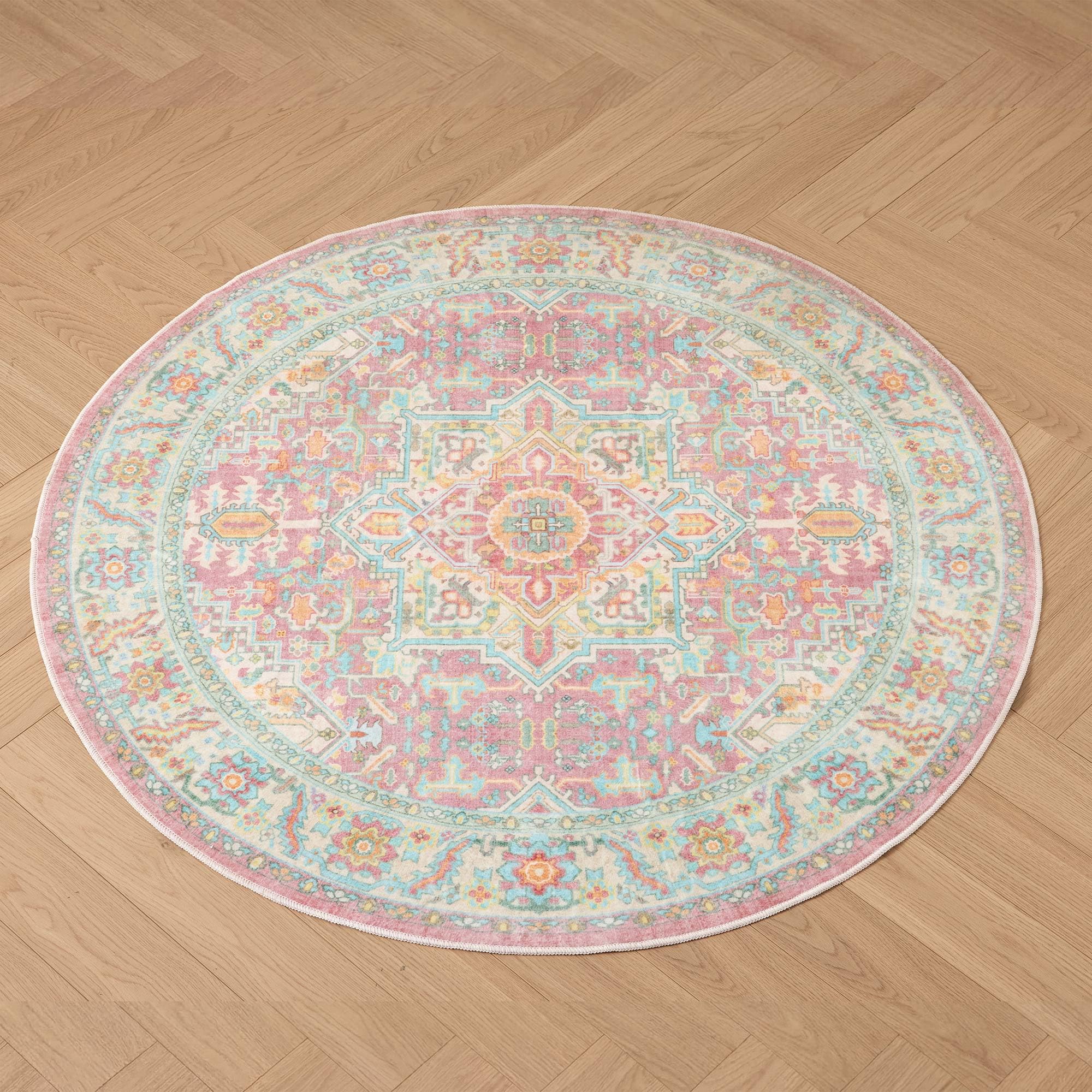 Kokia Alfombra redonda vintage oriental, 120 cm, lavable, con diseño de medallón, suave, antideslizante, resistente a las manchas, pelo plano, para habitación infantil, rincón de lectura, terraza