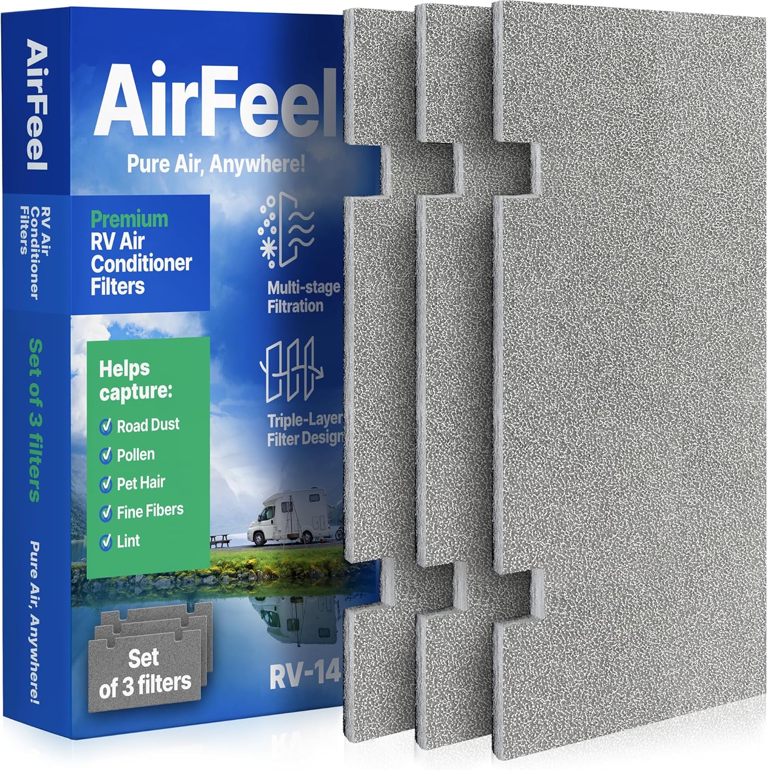 Premium RV AC Filter Replacement - Triple-Stage Air Filters for Dometic Duo Therm Air Conditioner - 7.5"x14" AC Filters for Camper, Motorhome, Travel Trailer, RV Fifth Wheel Must Haves Parts (3Filter)