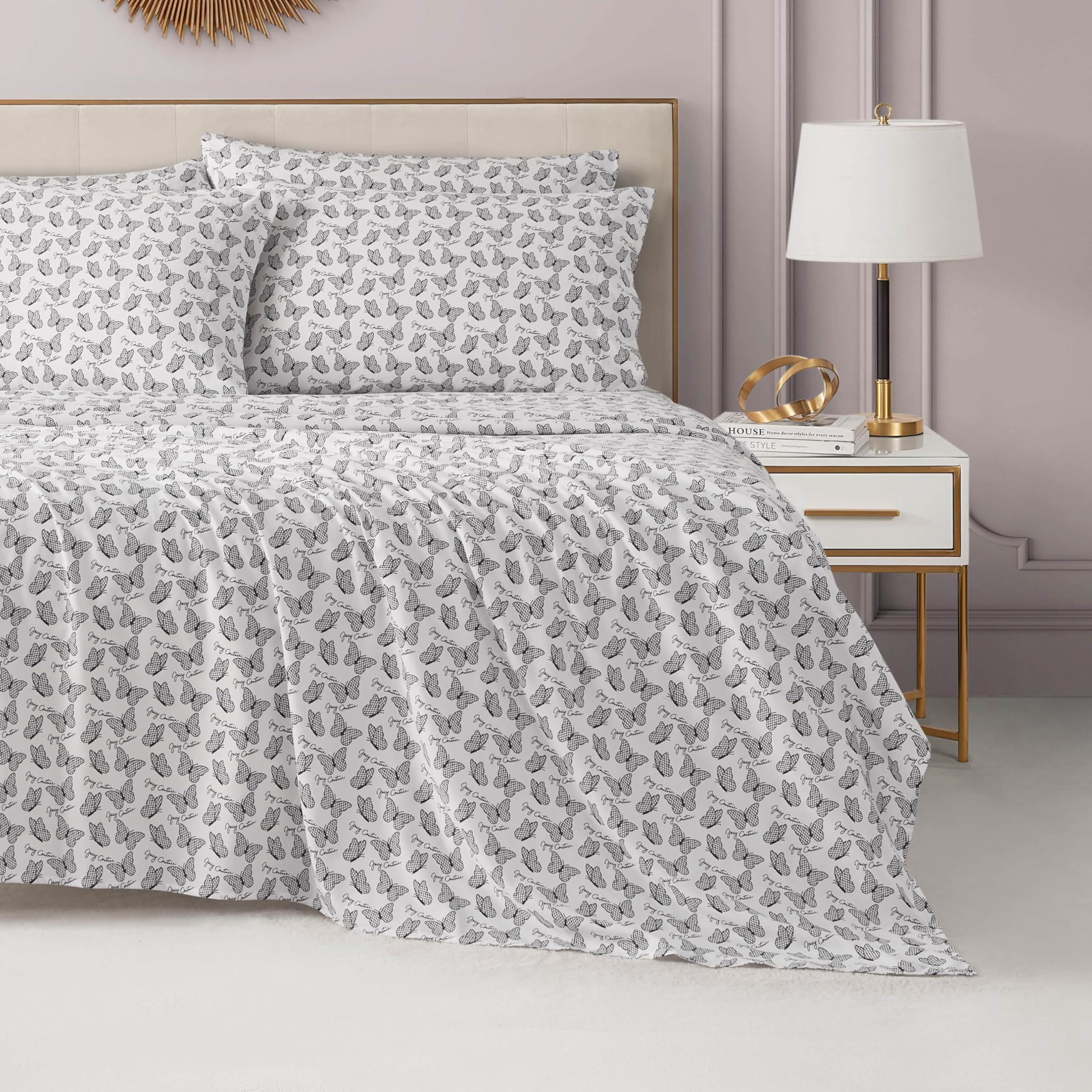 Juicy Couture Printed Microfiber 6-Piece Queen Sheet Set, Lacey Butterfly White