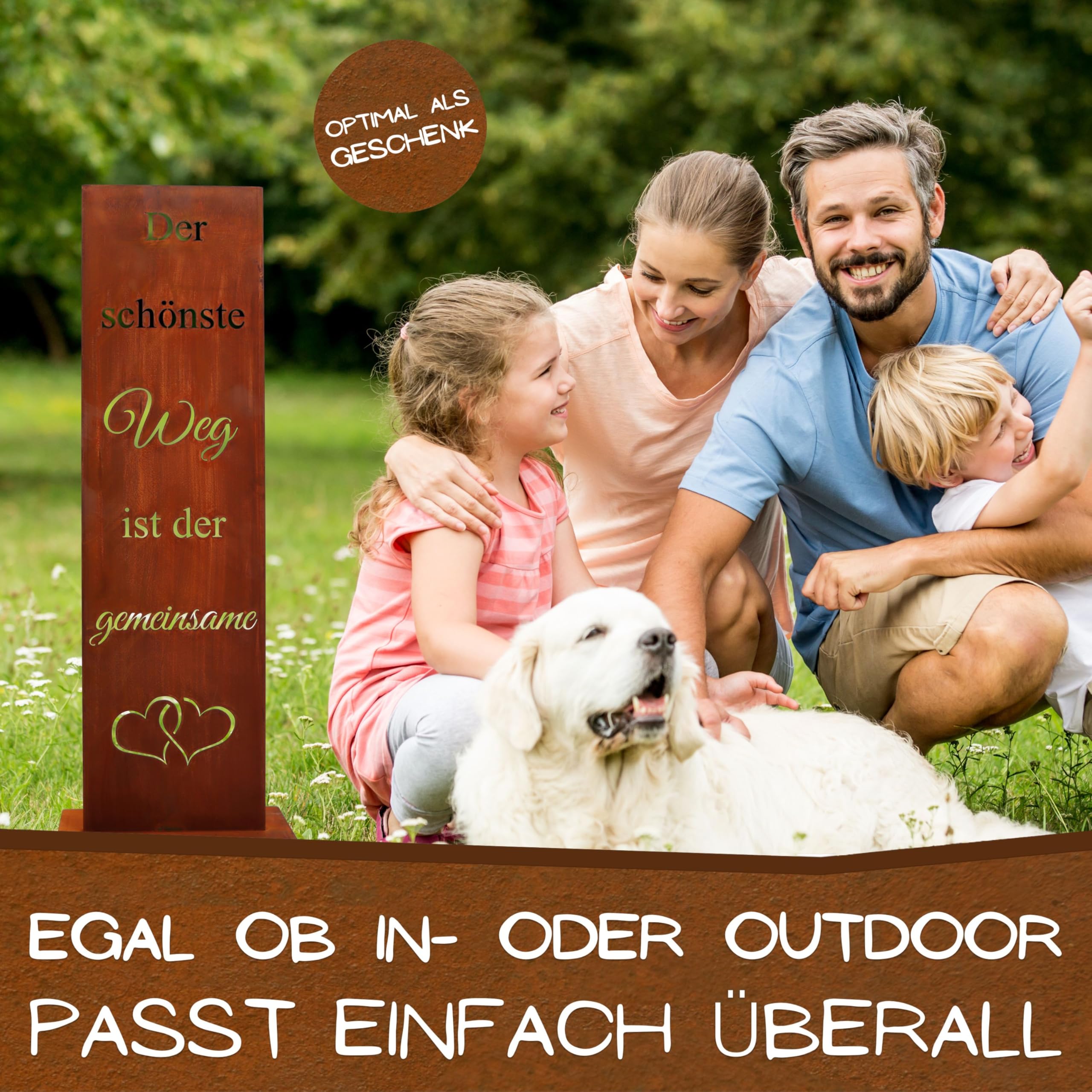 Rostikal Deko Gartenschild 55 cm – Wetterfestes Vintage Spruchschild für Hochzeit, Garten und Terrasse – Romantische Rost Deko und Geschenkidee - Handmade