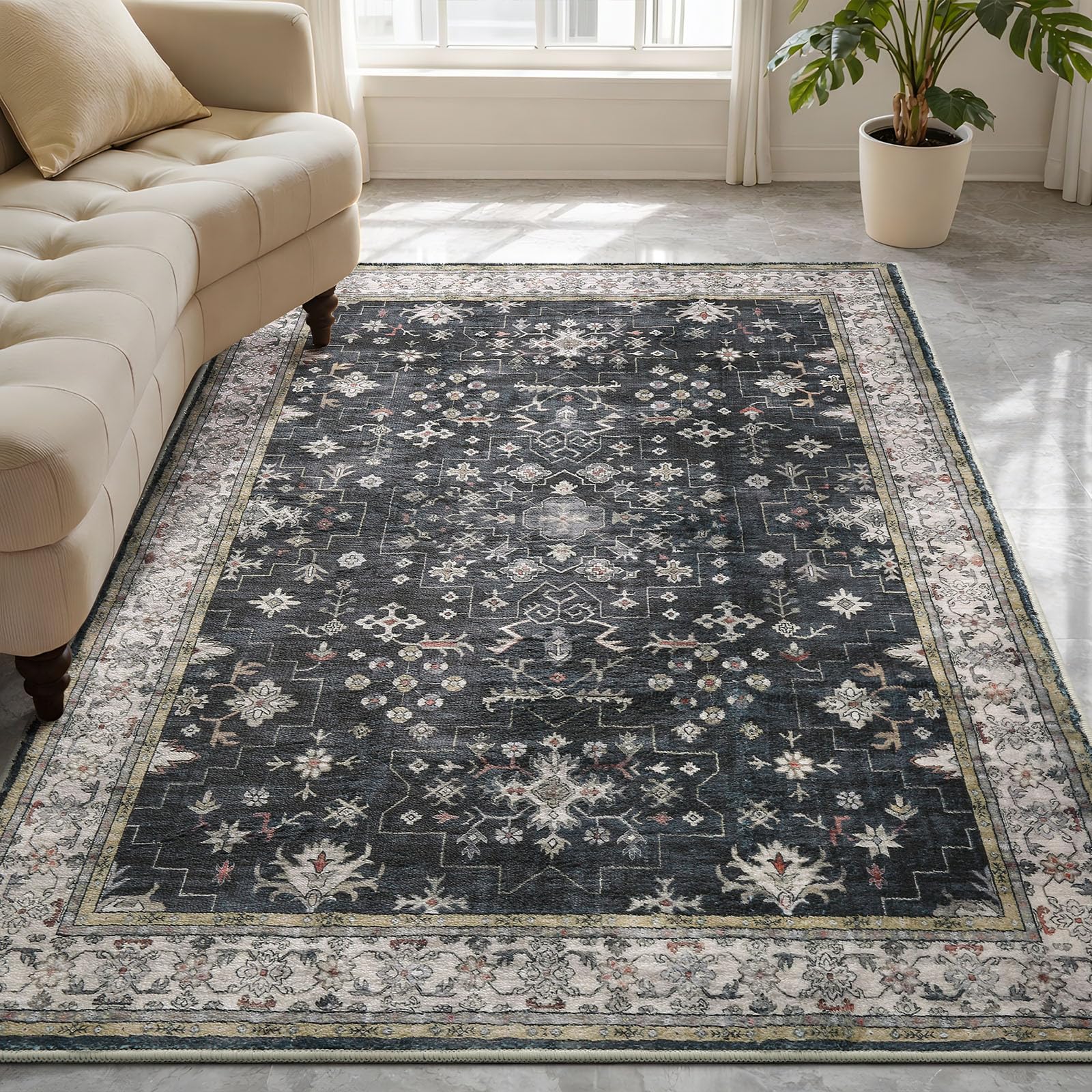 Tuocal Machine Washable Rugs Living Room 80x150cm, Vintage Rug Boho Area Rugs, Non-Slip Carpet Low Pile Non-Shedding Short Low Pile Small Rugs for Bedroom Kitchen Dining Room Bathroom Kids Room — image 1