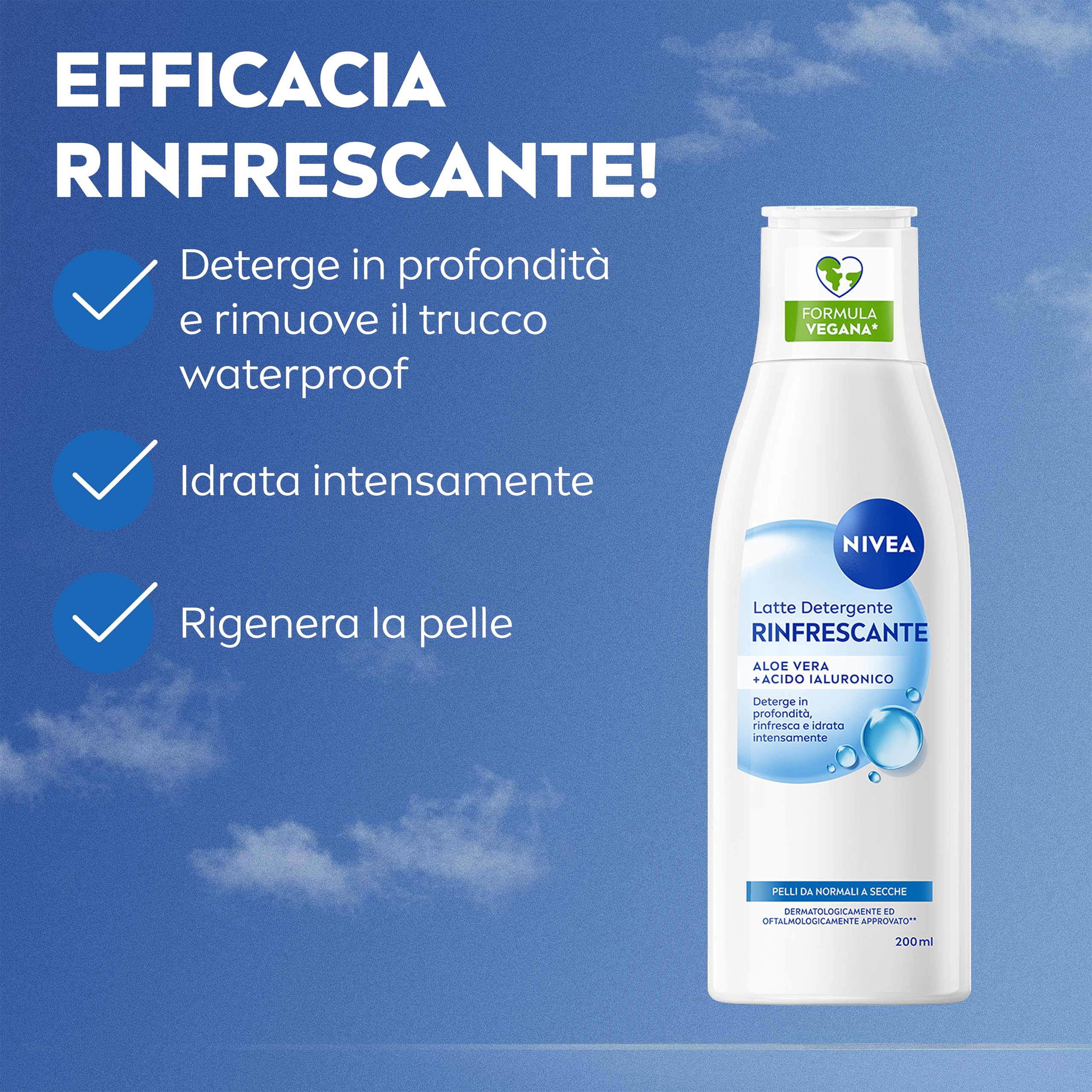 NIVEA Latte Detergente Rinfrescante 200 ml, Detergente viso idratante e lenitivo, Cleanser struccante con Aloe Vera e Acido Ialuronico, Rimuove trucco waterproof, Skincare per pelle da normale a secca
