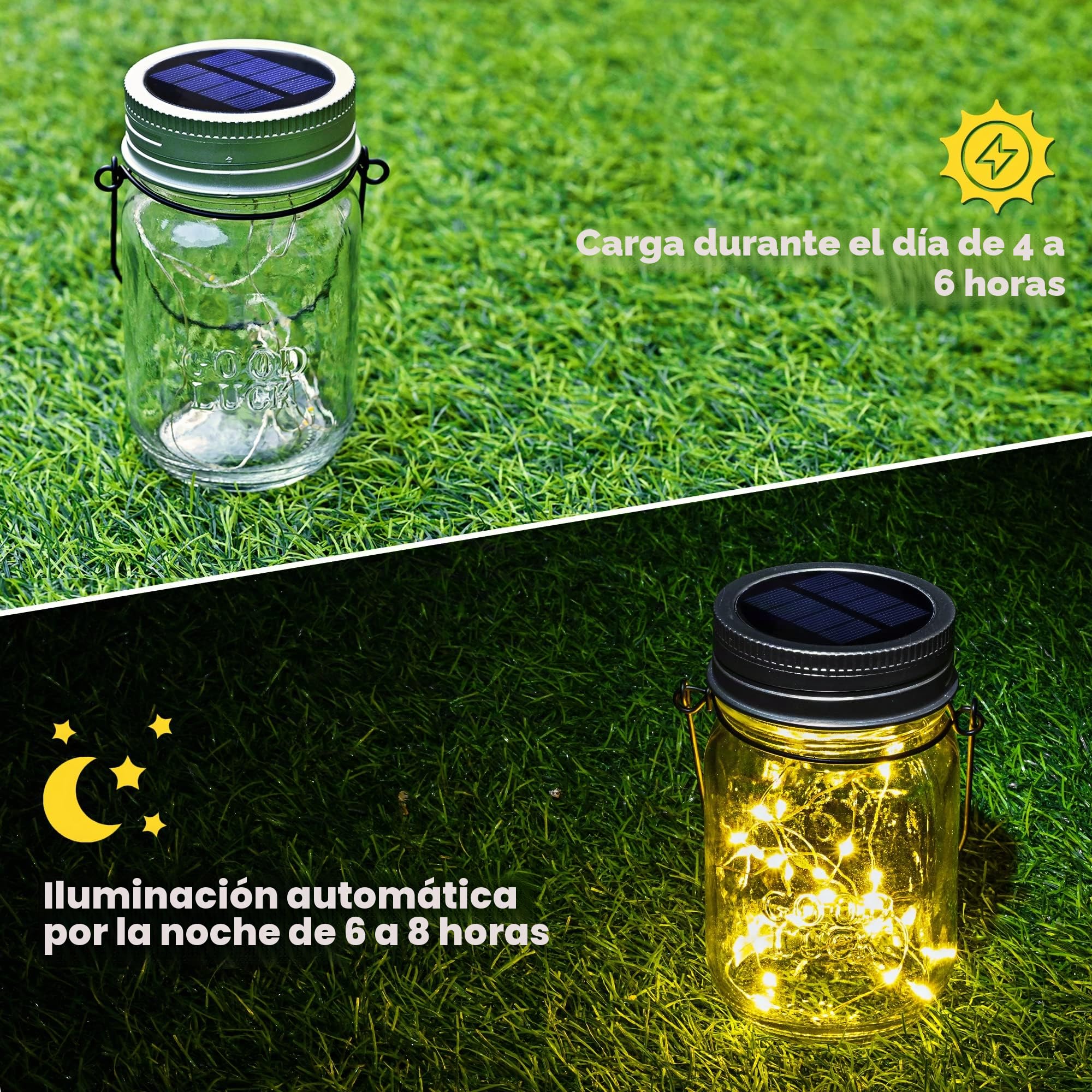 Solpex Farol solar exterior 6 unidades de cristal solar con cadena de luz, 180 ledes, farol colgante, cristal de conserva, IP44, resistente al agua, para jardín, terraza, balcón, blanco cálido | Farol colgante de 30 ledes, cristal LED, IP44, resistente al
