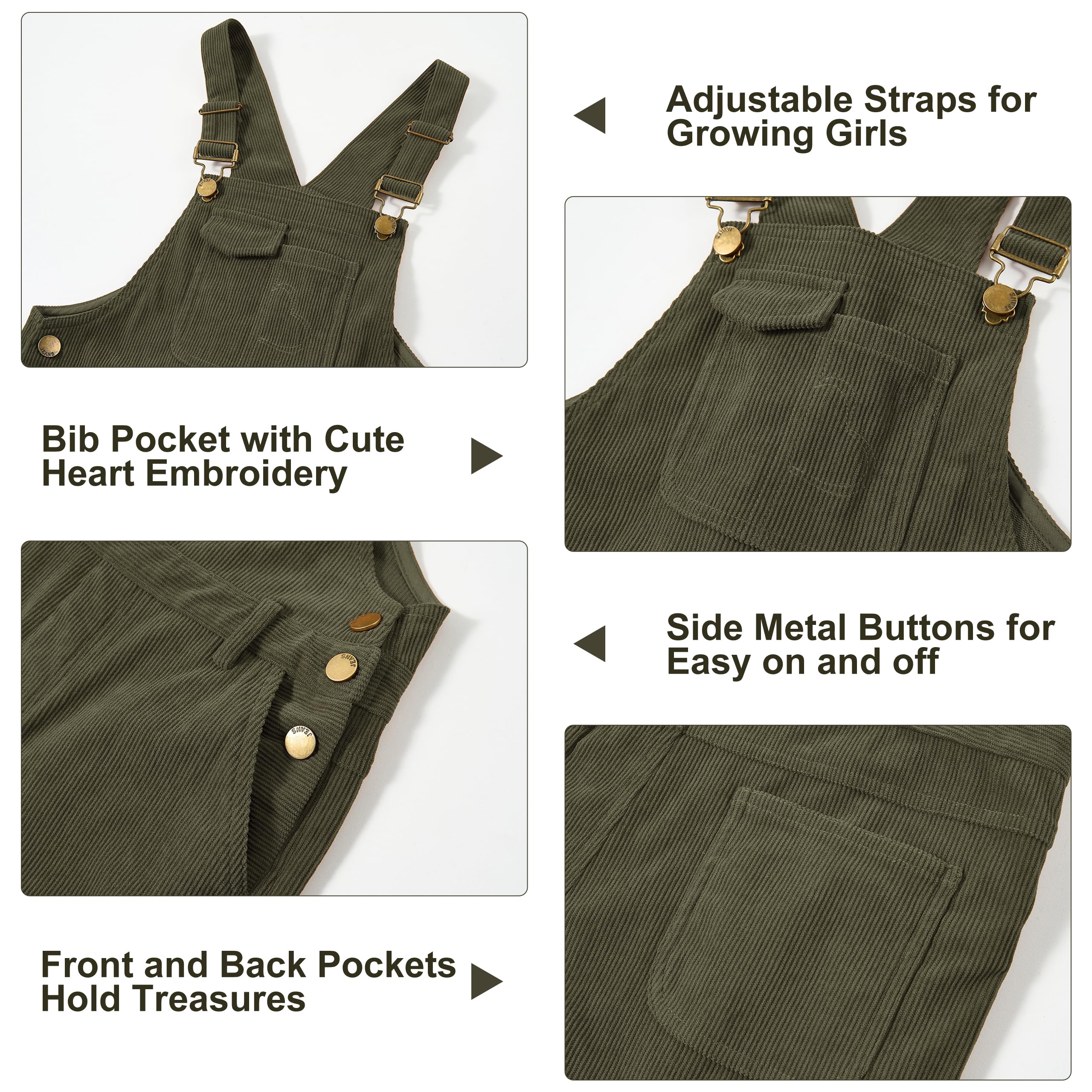 Rolanko Mädchen Cord-Overalls Anpassbar Träger Latzhose mit Taschen Baggy Loose Long Jumpsuit für Kinder