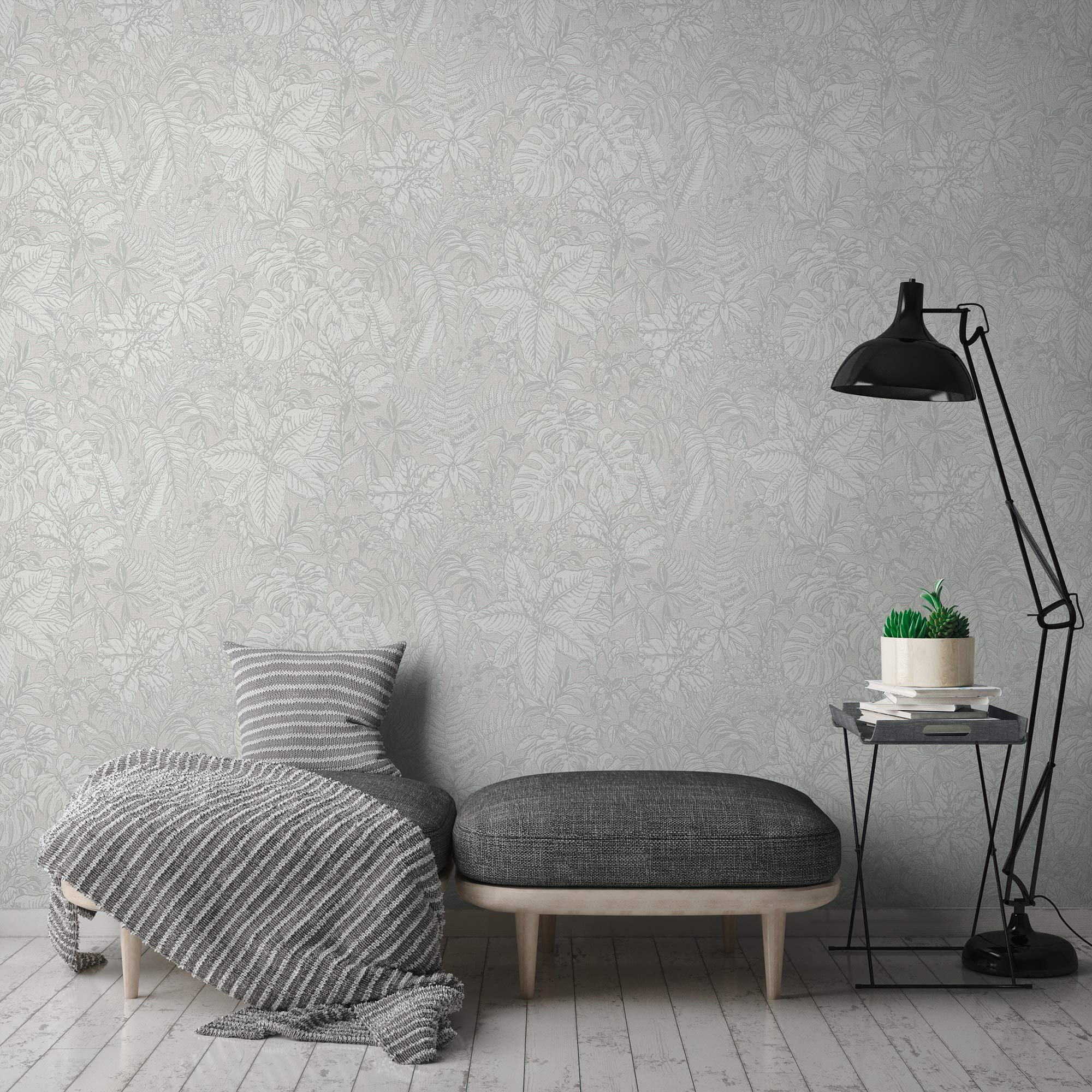 A.S. Création Papel Pintado Tropical Papel pintado tejido no tejido 10.05 m x 0.53 m Gris Blanco Fabricado en Alemania 375201 37520-1