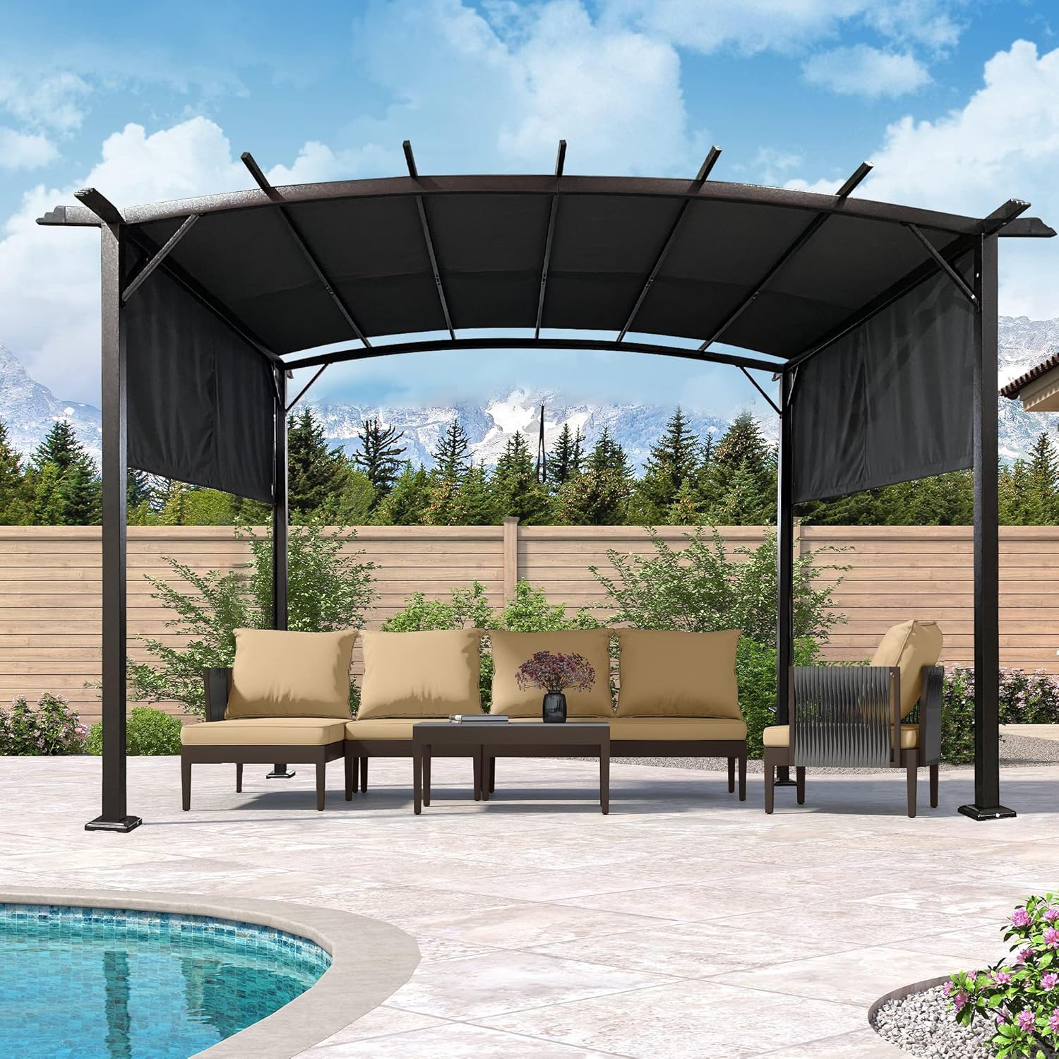 12' x 9' Ft. Outdoor Patio Retractable Canopy Gazebo Metal Pergola with Adjustable Shade (Grey)
