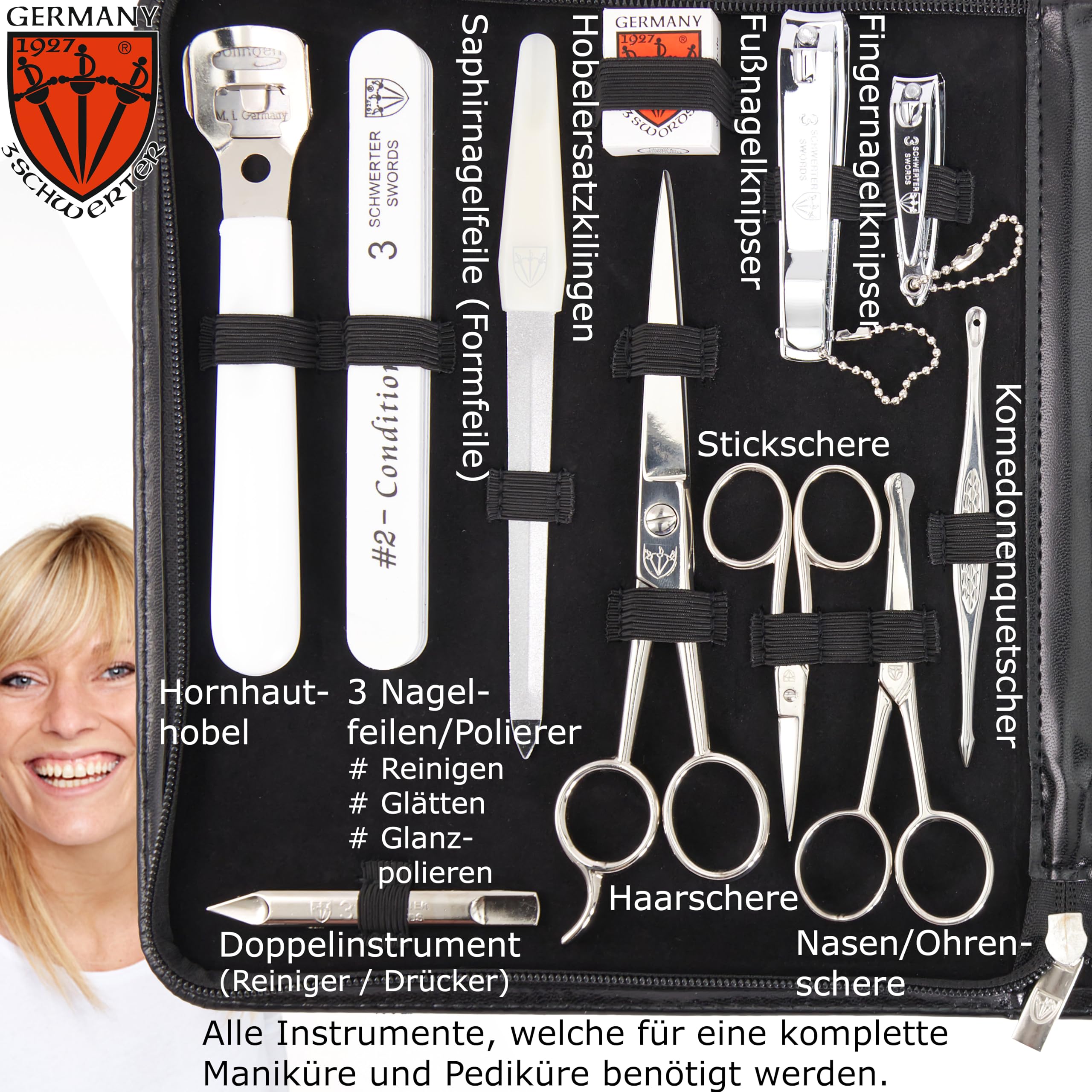 DREI SCHWERTER - Germany 7-częściowy zestaw do manicure MEGA 'Varese' zestaw do paznokci etui ze sztucznej skóry w kolorze czarnym | zawartość: nożyczki do paznokci, szczypce do paznokci, nożyczki do