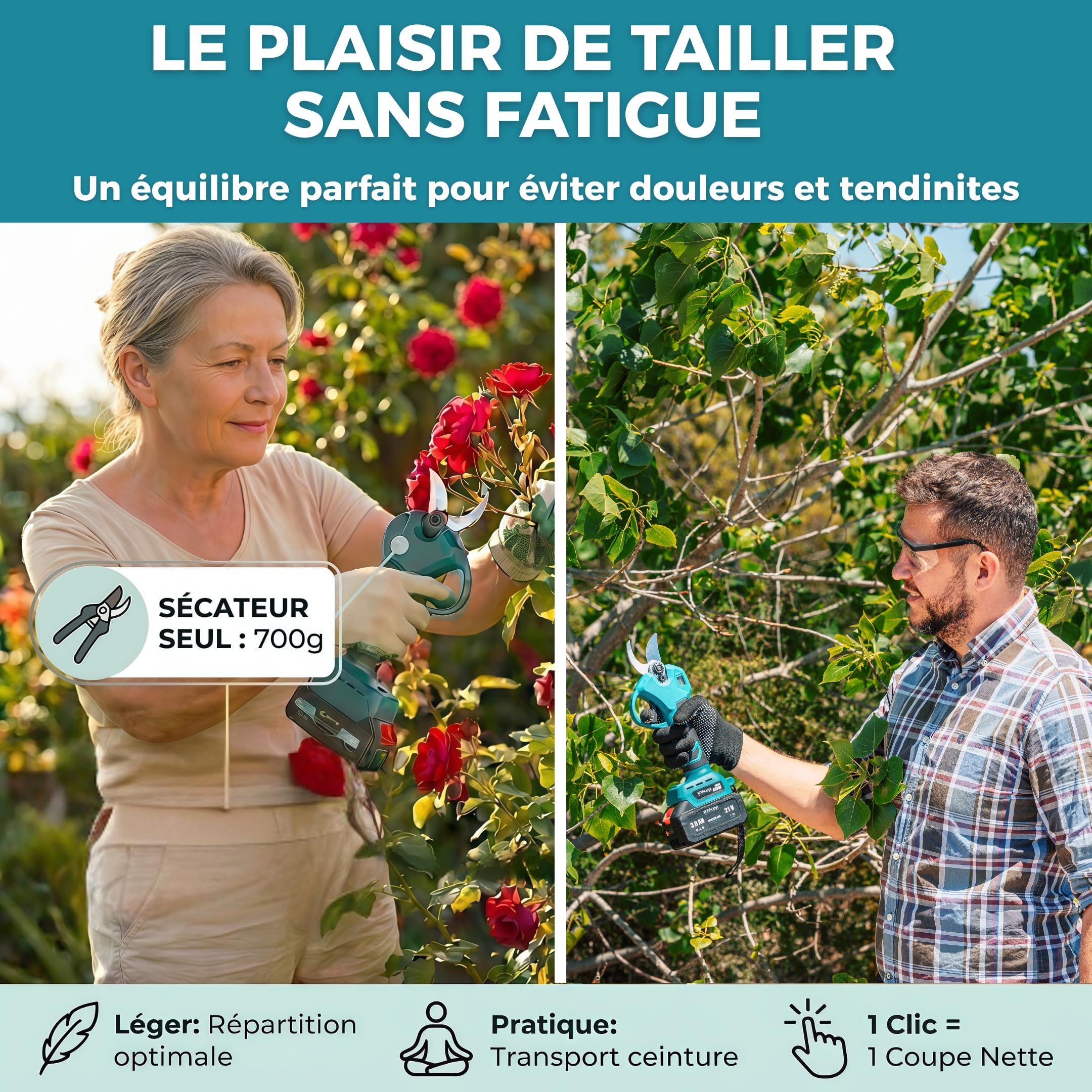 Sécateur Électrique Sans Fil 40mm - Sécateur à Batterie - 2 batteries 21V 4000mAh - Brushless 800W - Coupe Branche Professionnel - BLADEPRO