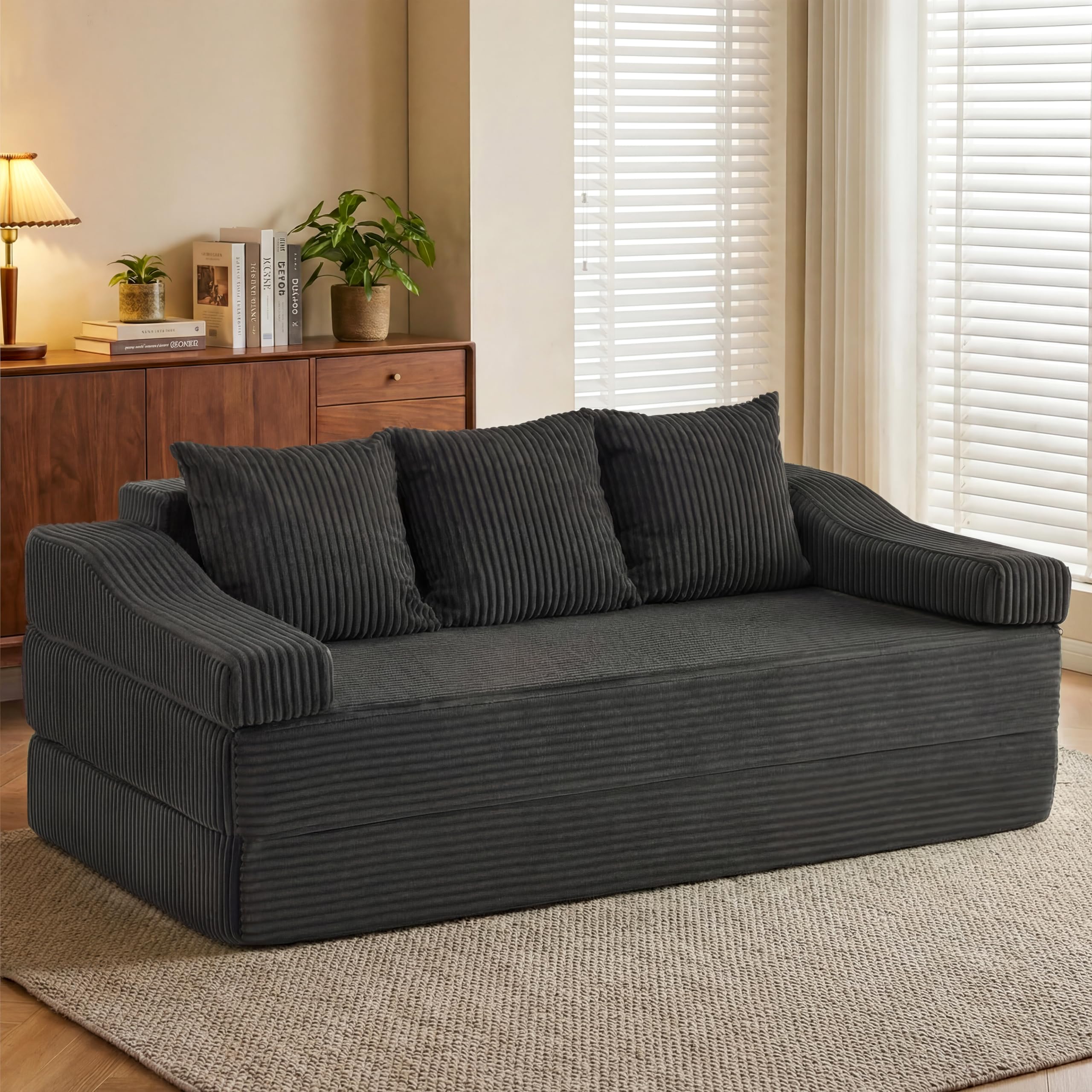 APICIZON Schlafsofa 200cm Breit, Boneless Couch mit Kissen, 3 Sitzer Sofa Bed mit Schlaffunktion, Bodensofa Klappbare Matratze für Wohnzimmer, Schlafzimmer, Gästezimmer (Cord-Dunkelgrau, 200x176cm)