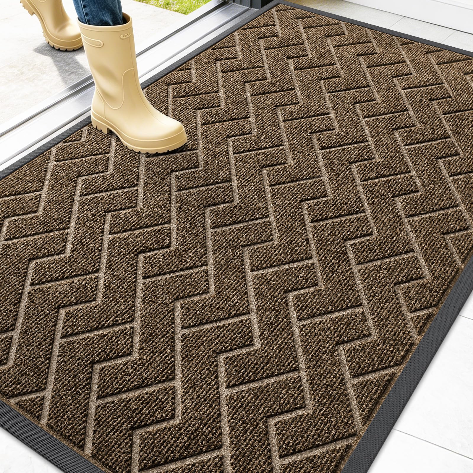 OLANLY Front Door Mat Outside 47x32, All-Season Absorbent Rubber Doormat | Brown, Heavy-Duty, Stain and Fade Resistant, Waterproof Non-Slip Backing, Low-Profile Indoor Outdoor Floor Mat for Entryway