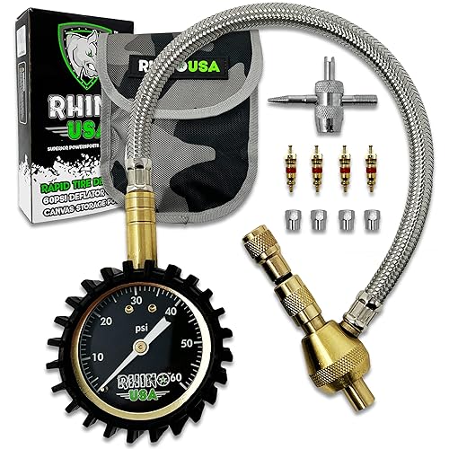 Rhino USA Desinfladores rápidos de neumáticos con calibre (0-60 psi) herramienta automática y ajustable de aire para neumáticos, esfera brillante