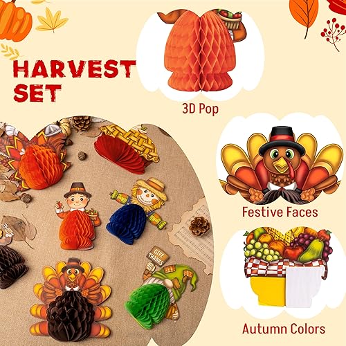 Miniatura 3 de JOYIN Juego de 9 piezas de decoraciones de panal de Acción de Gracias, diseños de calabaza y espantapájaros, suministros de Acción de Gracias para