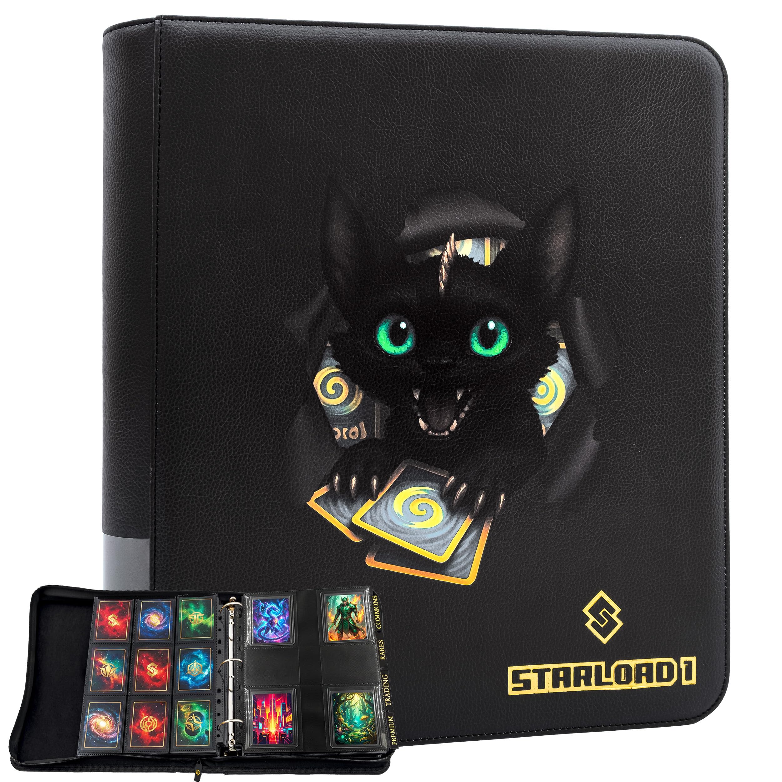 Classeur carte 562 pochettes — Espace toploader intégré — Intercalaires inclus pour tri rapide — Compatible cartes TCG, sleeves, double sleeves — Fermeture zip