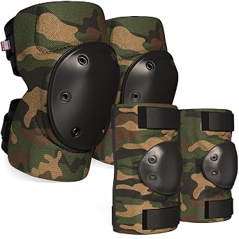 Tactical PRO Set of Knee Pads and Elbow Pads, Medium Size, Woodland Camo, 1 Pair - Complete Multi-Level Protection - Hard Cap & Adjustable Grip for Free Movement, Made in USA