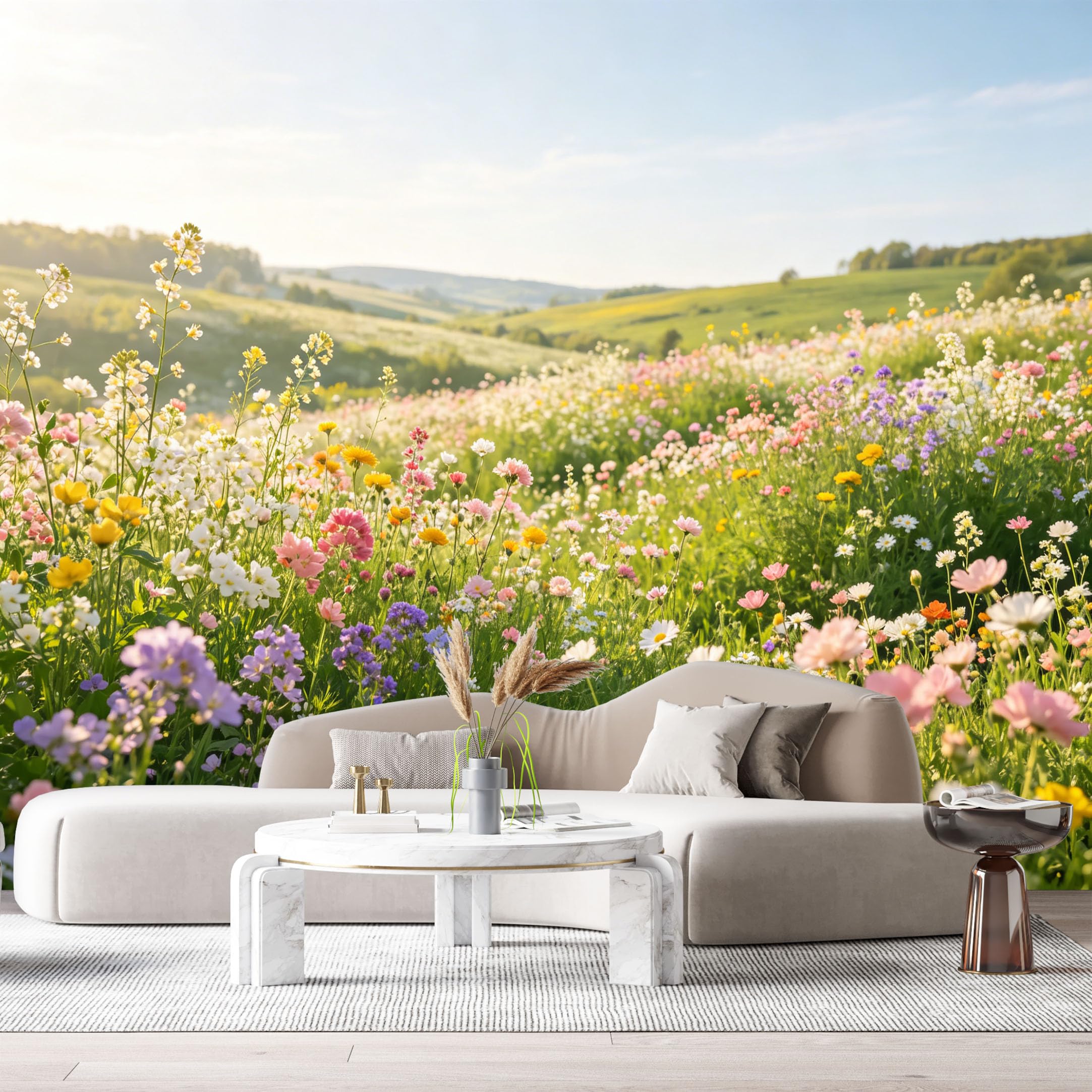 Custom Size Wall Murals Blooming Meadow Landscape Botanical Wildflowers Sunny Field SelfAdhesive Wall Fabric Removable Large Wallpaper for Photo Living Room