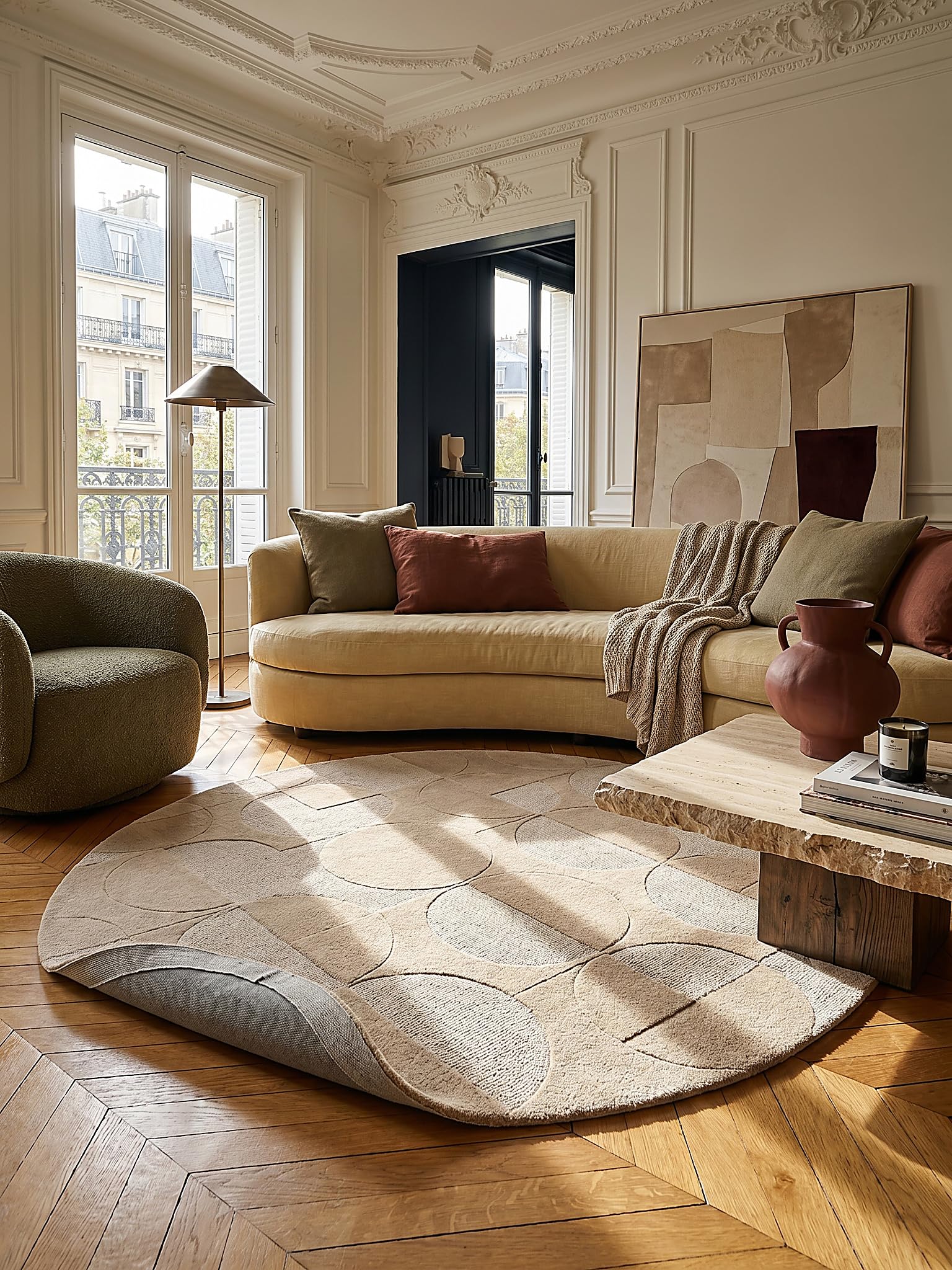 Tapis en Laine Motif Géométrique Dense et Robuste Naturel Ø 160 cm Rond Salle à Manger | DEBEN